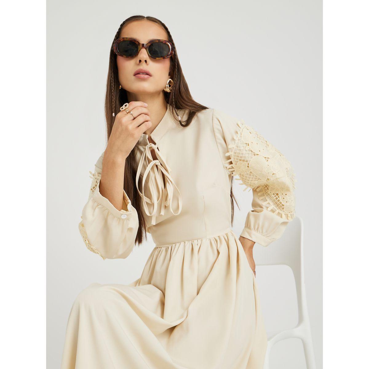فستان ميدي سادة بأكمام بالون ودانتيل مع أربطة-women-clothing-dresses-image-1