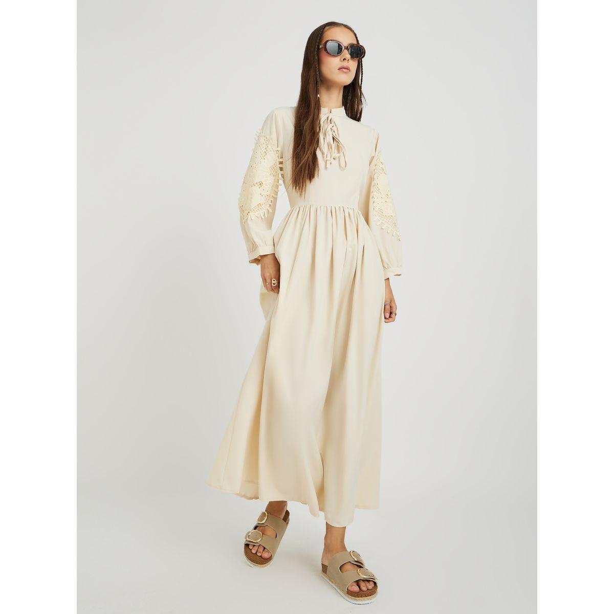 فستان ميدي سادة بأكمام بالون ودانتيل مع أربطة-women-clothing-dresses-image-2