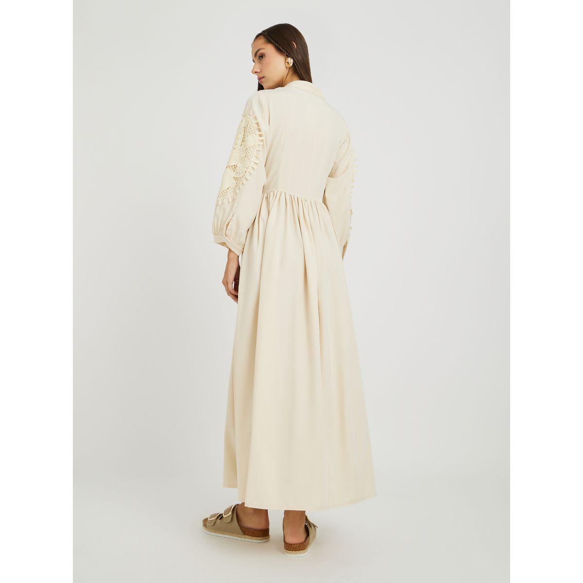 فستان ميدي سادة بأكمام بالون ودانتيل مع أربطة-women-clothing-dresses-image-5