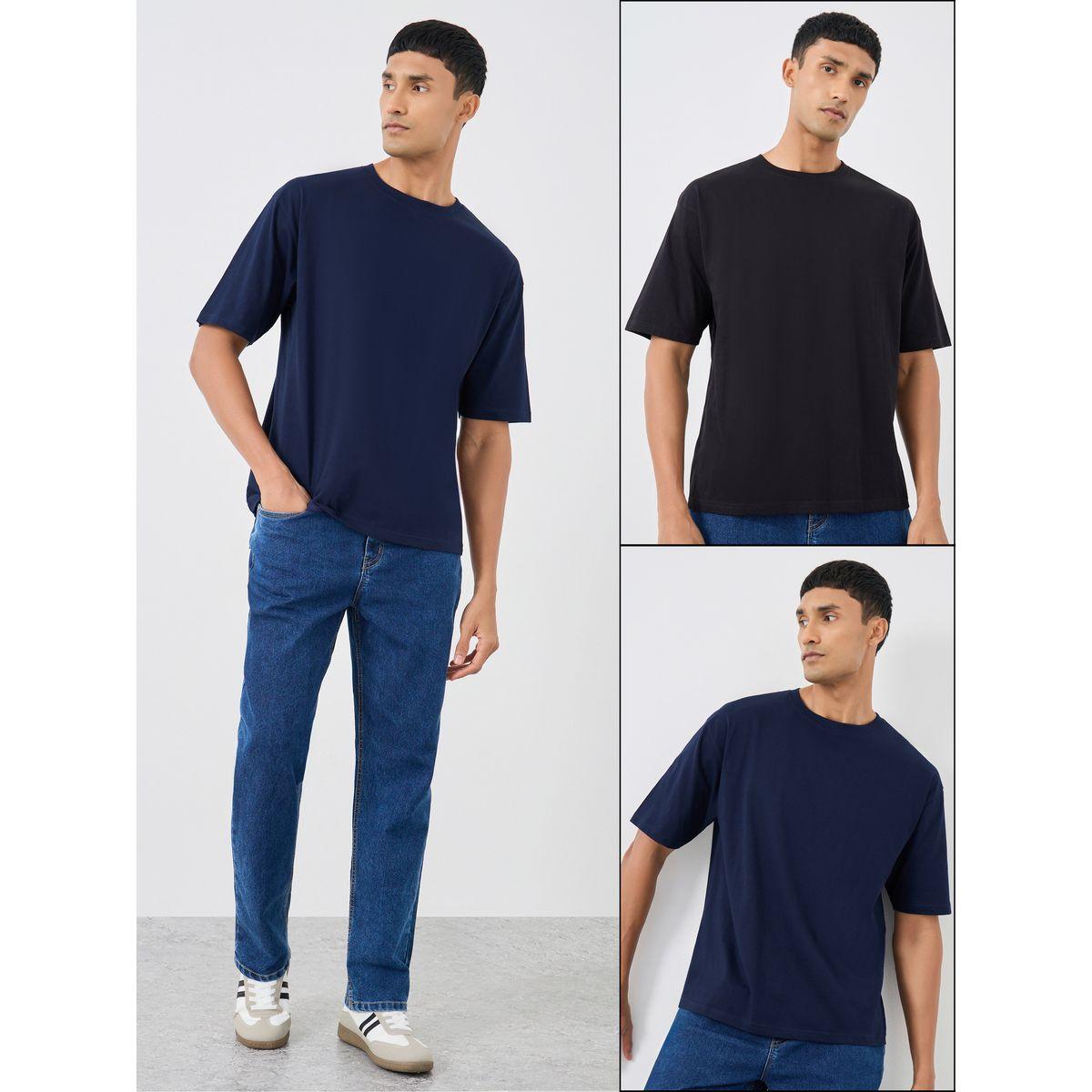 مجموعة من 2 تيشيرت فضفاض سادة بياقة ضيقة-men-clothing-tshirtsandpolos-tshirts-image-1