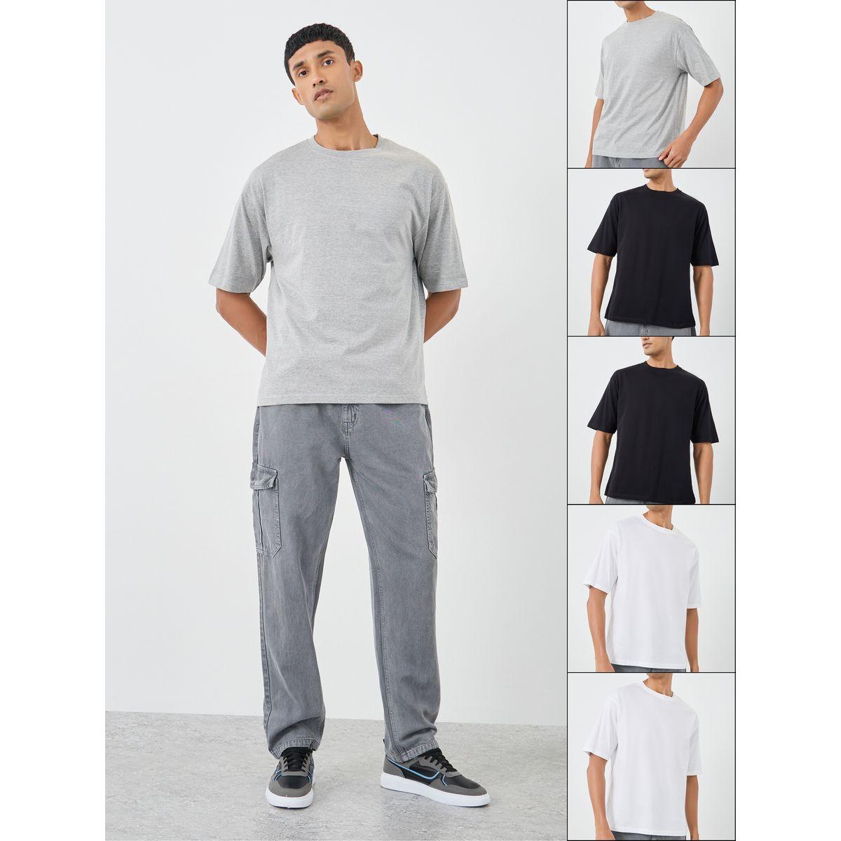 Styli Pack of 5 - Solid Crew Neck Cotton Oversized T-Shirt-men-clothing-tshirtsandpolos-tshirts-image-1