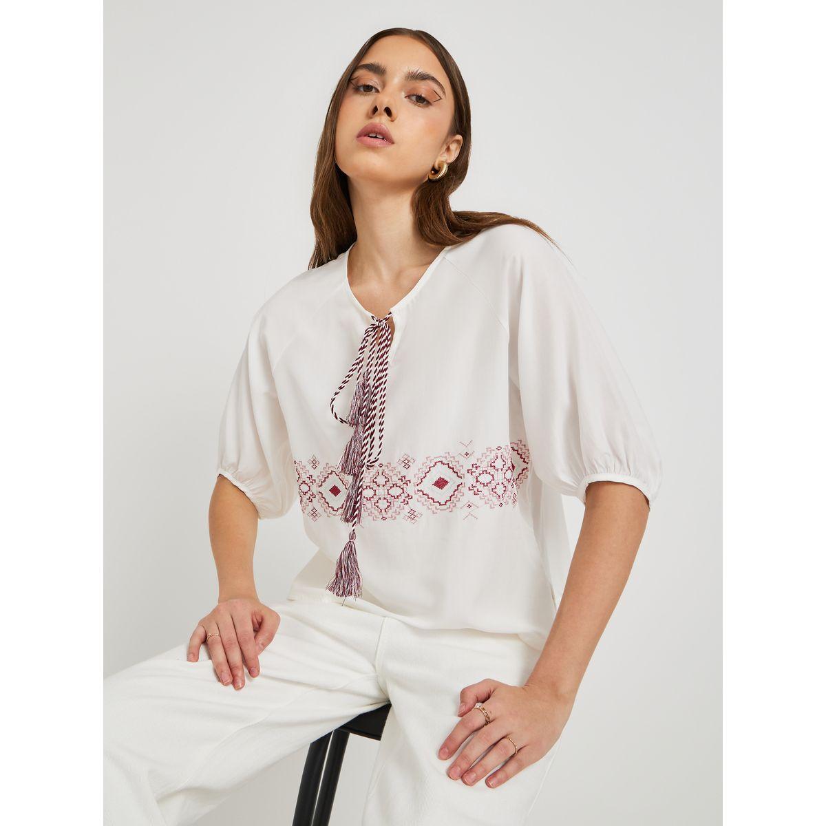 Styli Embroidered Puff Sleeve Top with Tie-Up Neck-women-clothing-shirtsandblouses-blouses-image-1
