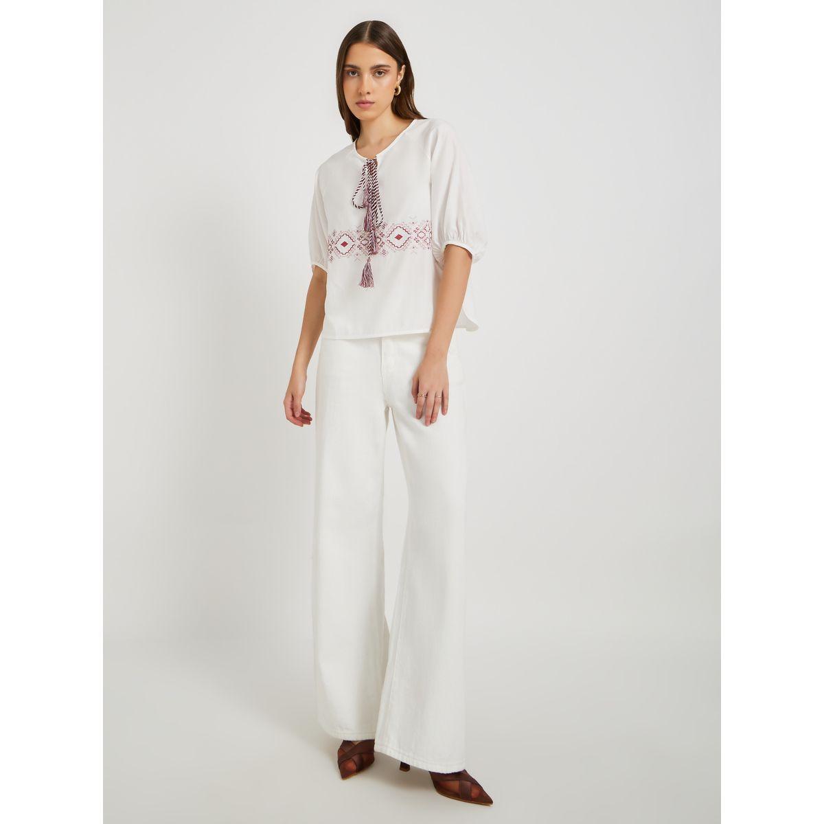 Styli Embroidered Puff Sleeve Top with Tie-Up Neck-women-clothing-shirtsandblouses-blouses-image-2