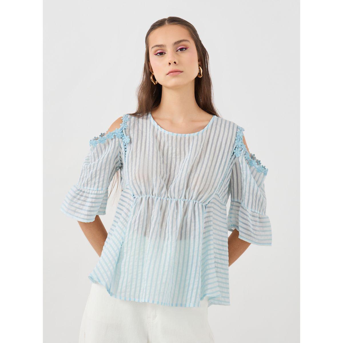 Styli Texture Elastic Gathered Waist Lace Trim Blouse-women-clothing-shirtsandblouses-blouses-image-2