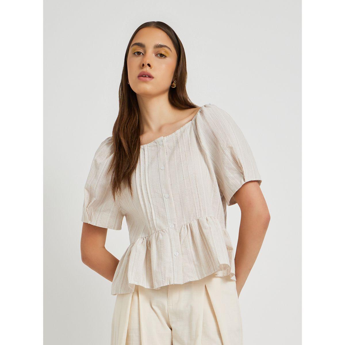 Styli Texture Puff Sleeve Buttoned Blouse-women-clothing-shirtsandblouses-blouses-image-1