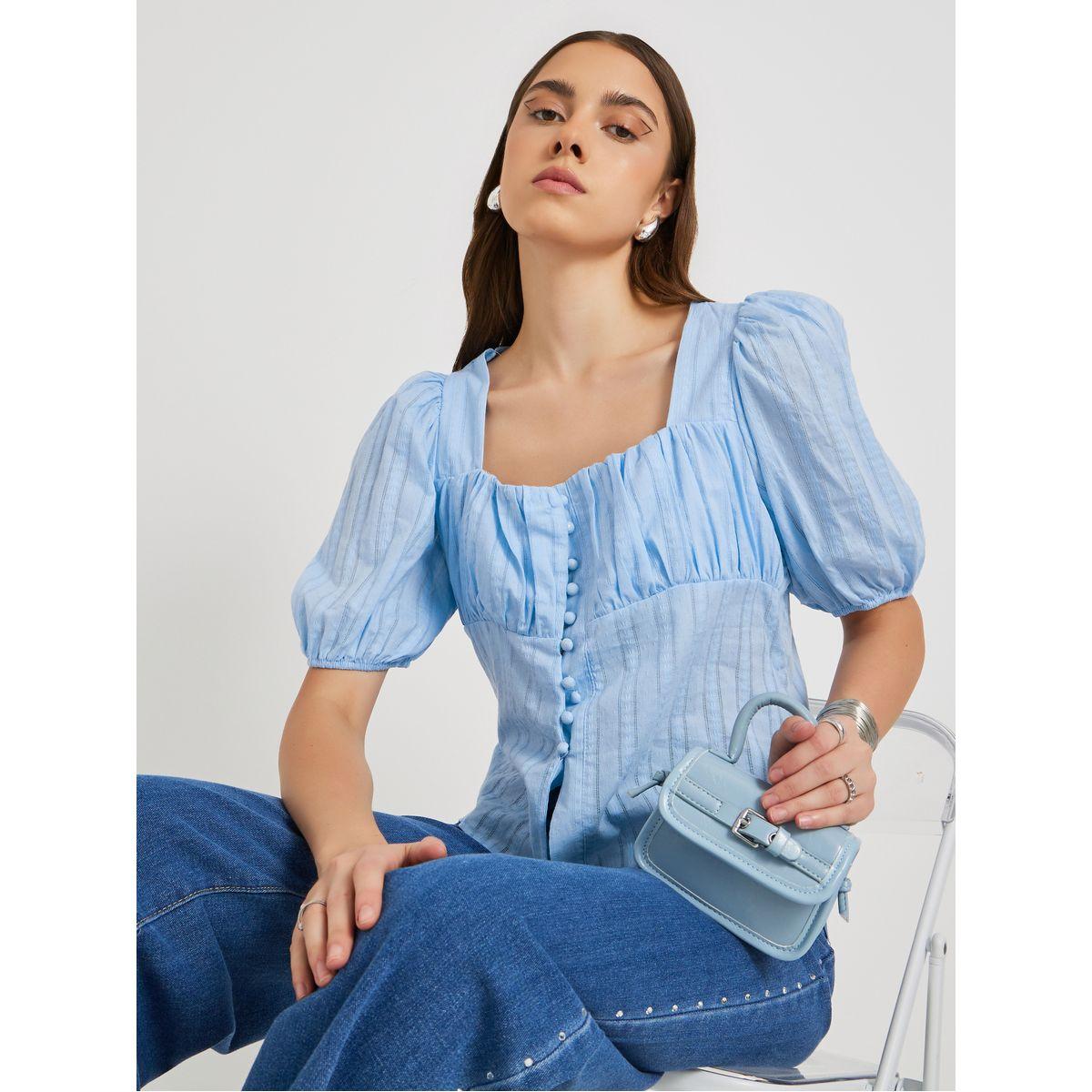 بلوزة بياقة مربعة وأكمام منفوخة مع أزرار-women-clothing-shirtsandblouses-blouses-image-1