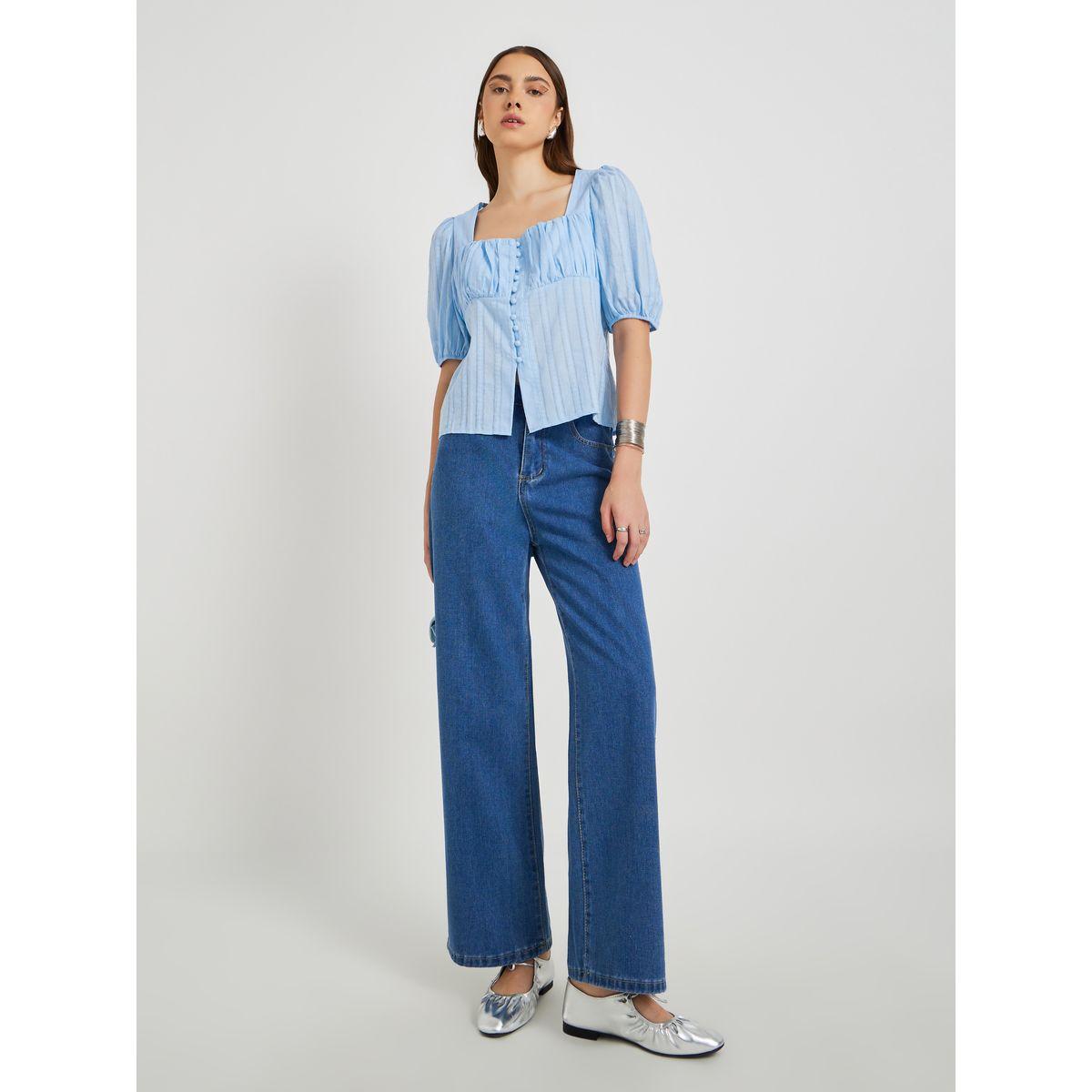بلوزة بياقة مربعة وأكمام منفوخة مع أزرار-women-clothing-shirtsandblouses-blouses-image-2