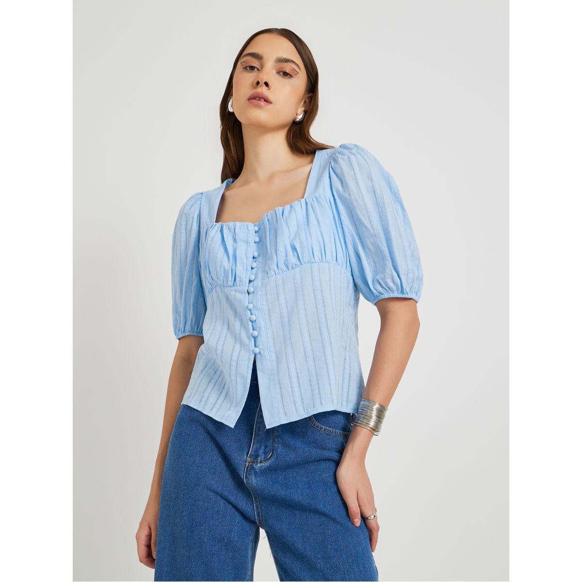 Styli Textured Puff Sleeve Square Neck Buttoned Top-women-clothing-shirtsandblouses-blouses-image-3