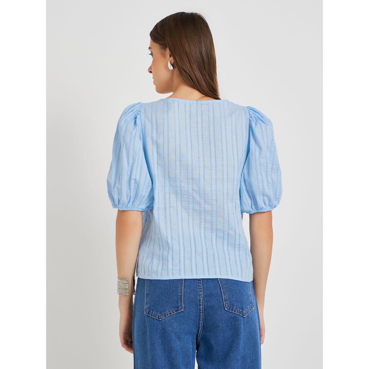 Styli Textured Puff Sleeve Square Neck Buttoned Top-women-clothing-shirtsandblouses-blouses-image-5
