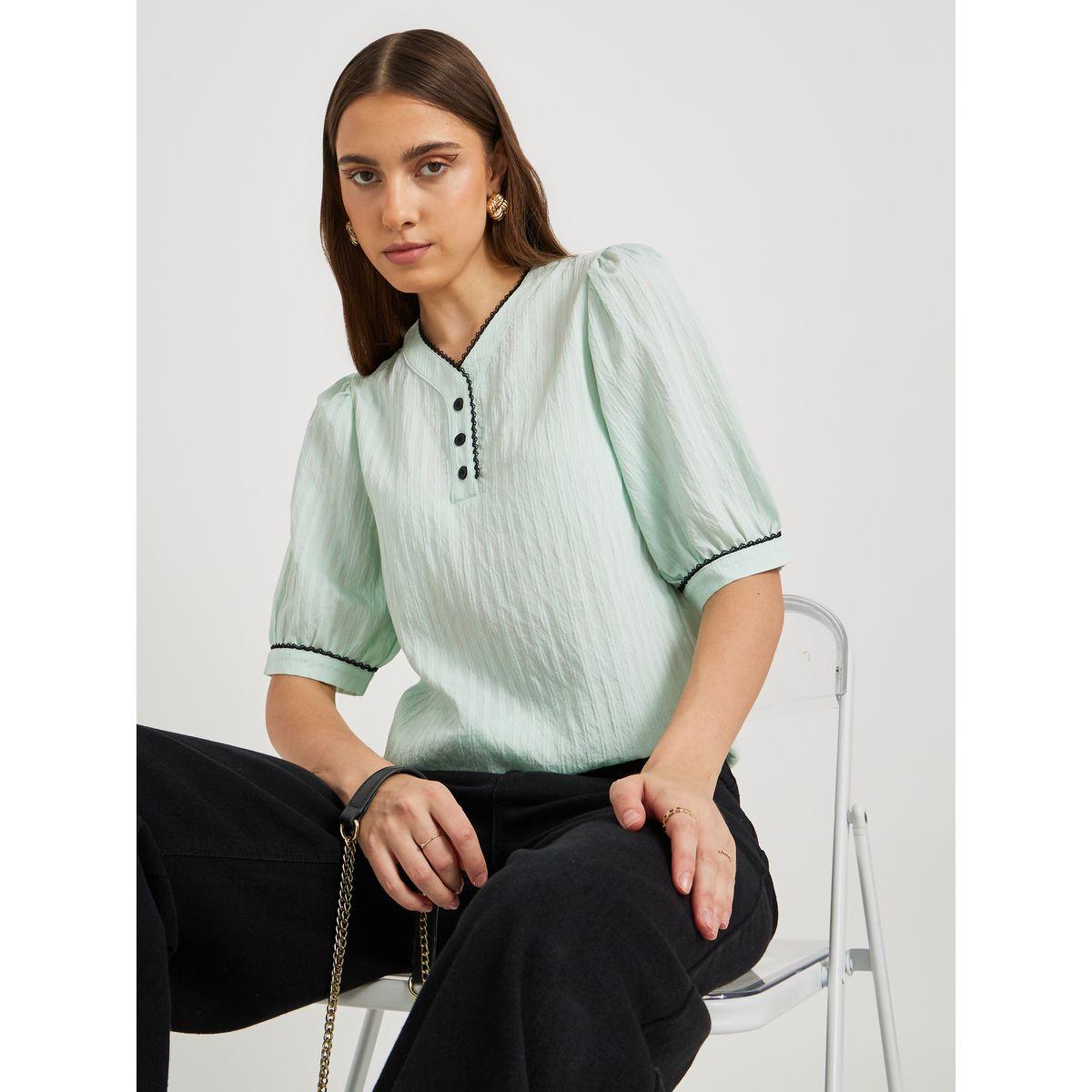 Styli Textured Lace Trim Short Sleeve Blouse-women-clothing-shirtsandblouses-blouses-image-1
