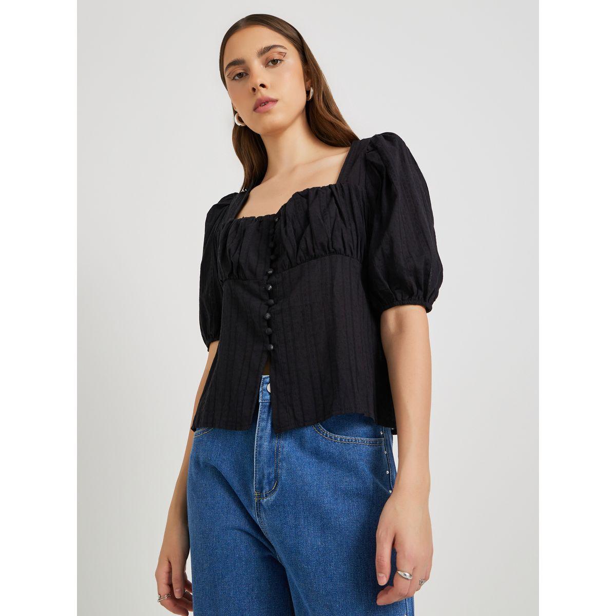 Styli Texture Puff Sleeve Square Neck Buttoned Blouse-women-clothing-shirtsandblouses-blouses-image-1