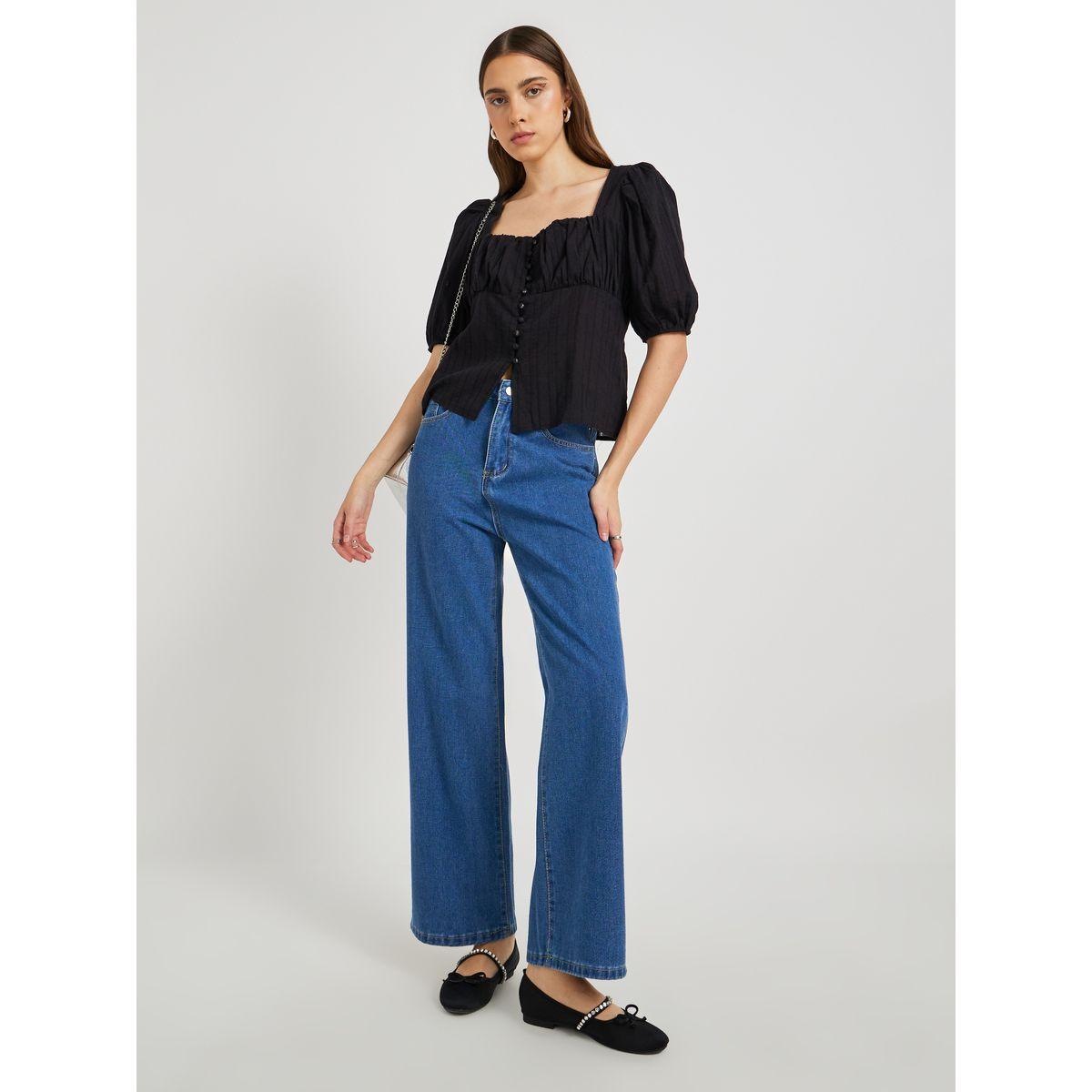 Styli Texture Puff Sleeve Square Neck Buttoned Blouse-women-clothing-shirtsandblouses-blouses-image-2