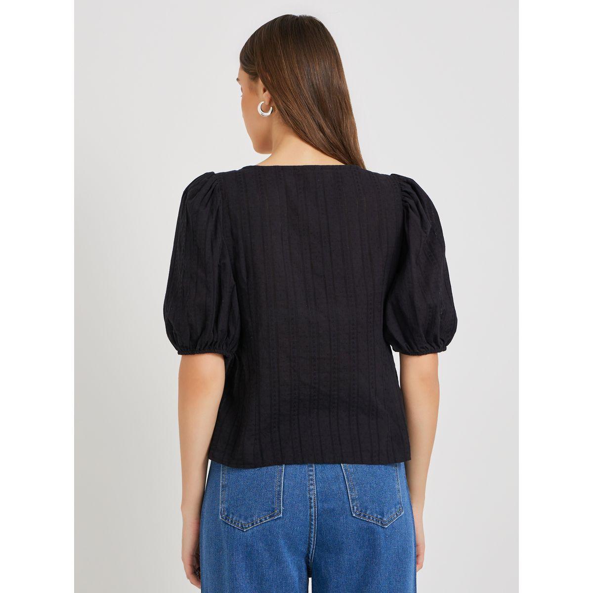 Styli Texture Puff Sleeve Square Neck Buttoned Blouse-women-clothing-shirtsandblouses-blouses-image-4