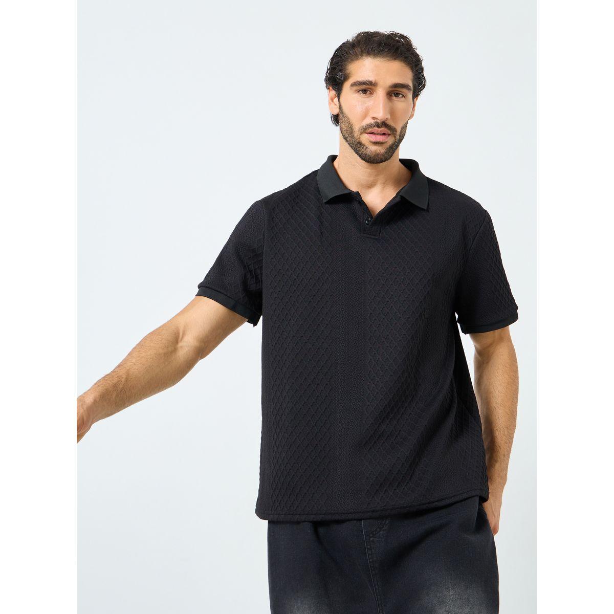 Styli Black Textured Regular Fit Polo T-Shirt-men-clothing-tshirtsandpolos-polos-image-1