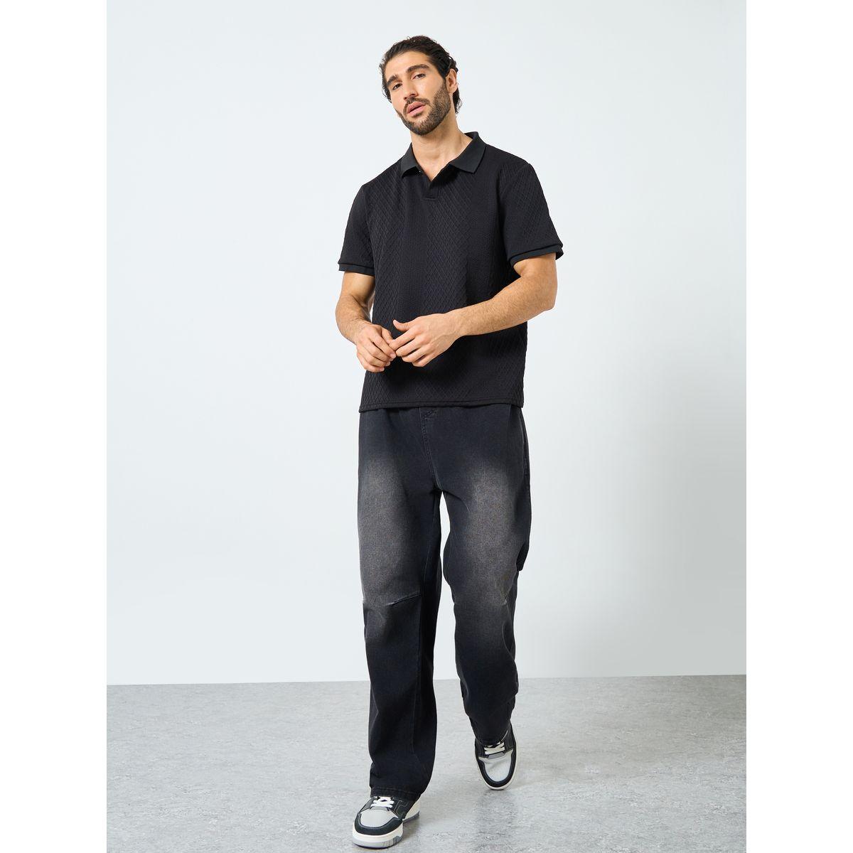 Styli Black Textured Regular Fit Polo T-Shirt-men-clothing-tshirtsandpolos-polos-image-2