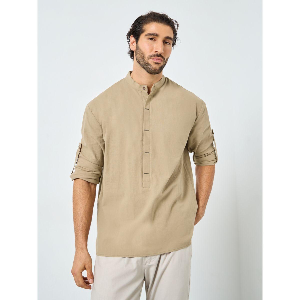 Styli Men Mandarin Collar Half Placket Regular Fit Shirt-men-clothing-shirts-image-1