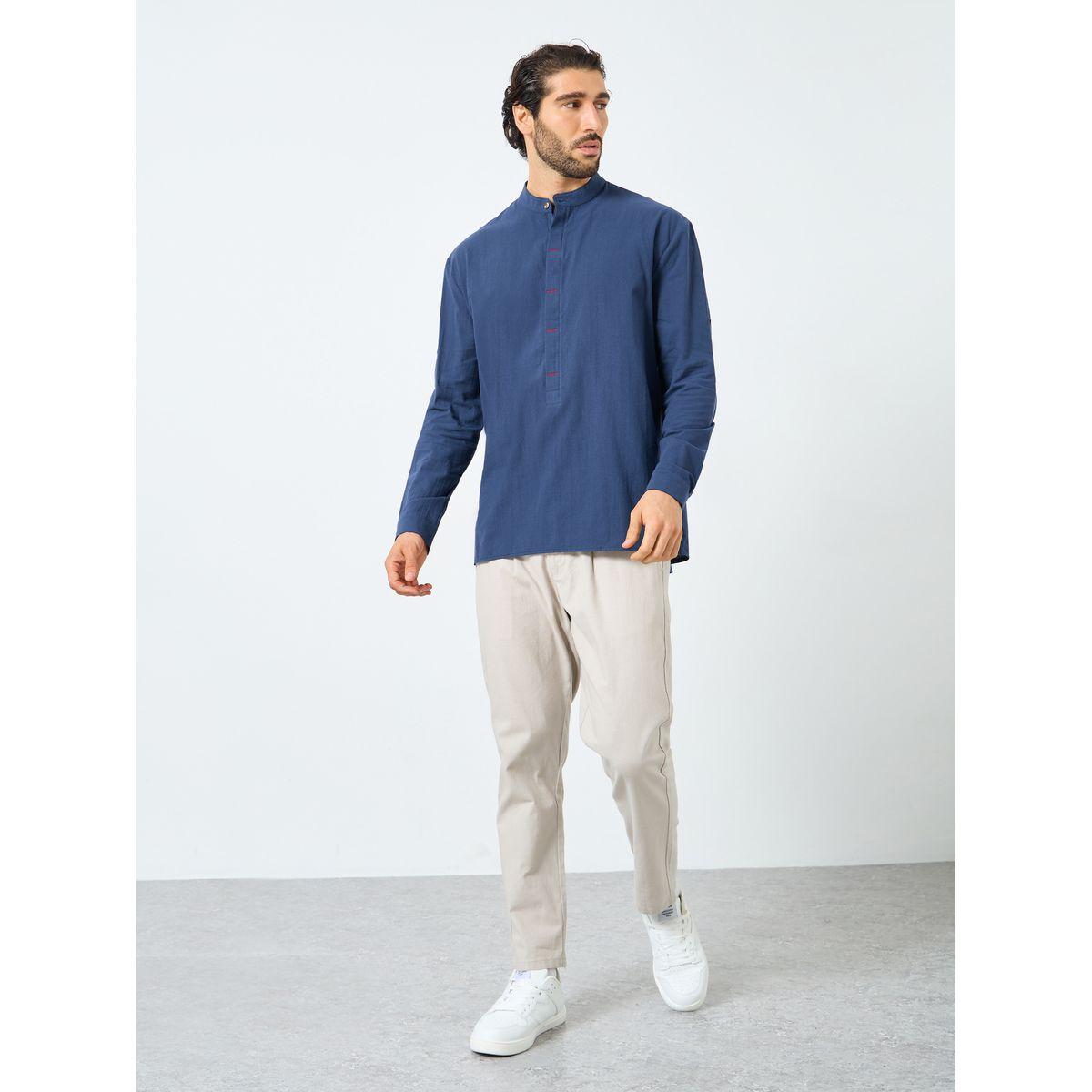 Styli Men Mandarin Collar Half Placket Regular Fit Shirt-men-clothing-shirts-image-2