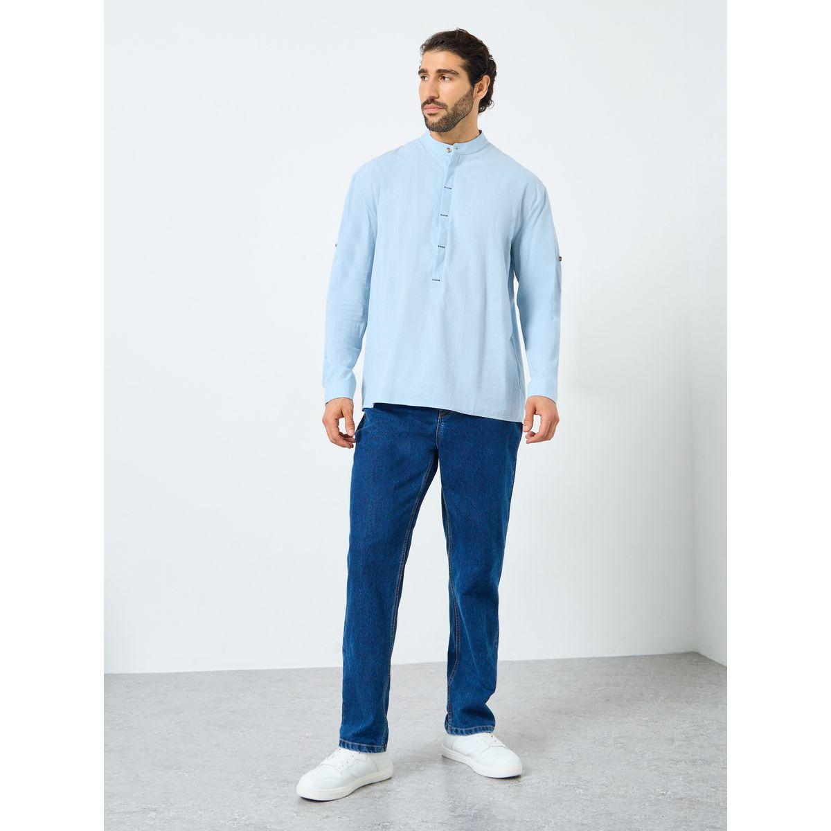 Styli Men Mandarin Collar Half Placket Regular Fit Shirt-men-clothing-shirts-image-2