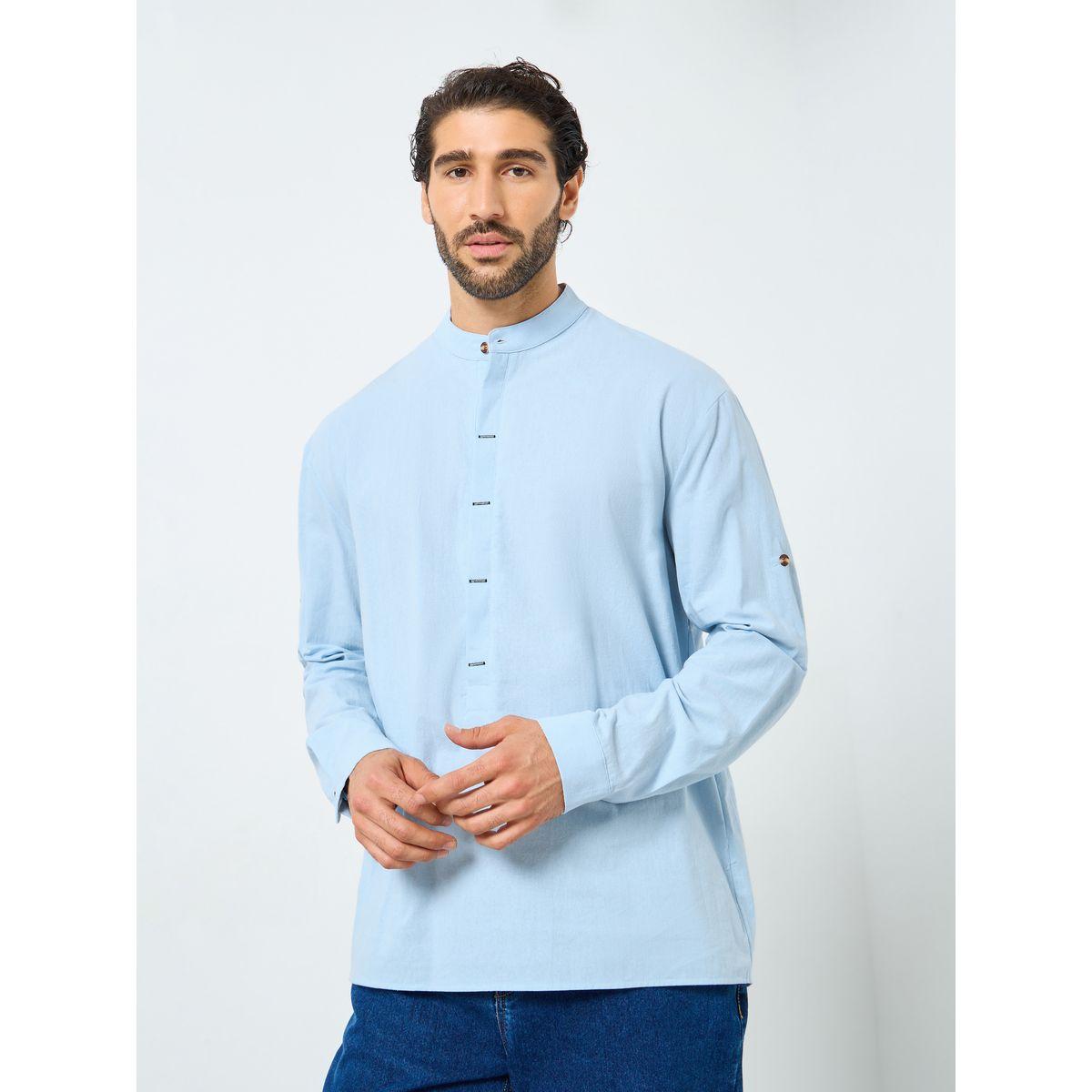 Styli Men Mandarin Collar Half Placket Regular Fit Shirt-men-clothing-shirts-image-3