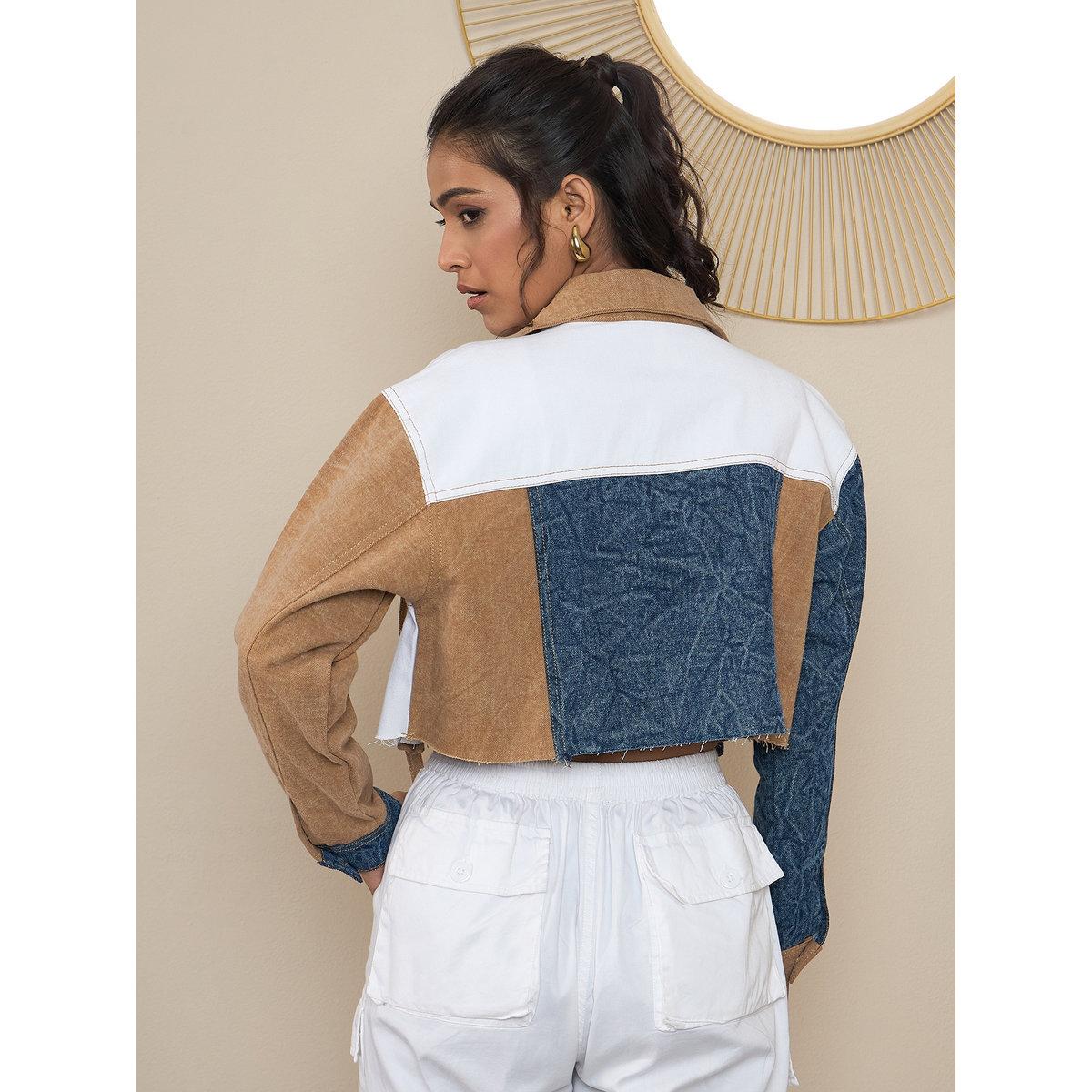 Stylestone X Styli Brown Denim Crop Jacket with Color Block Patchwork-women-clothing-coatsandjackets-jackets-image-4