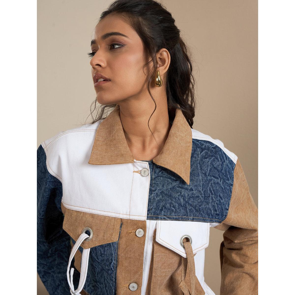 Stylestone X Styli Brown Denim Crop Jacket with Color Block Patchwork-women-clothing-coatsandjackets-jackets-image-6