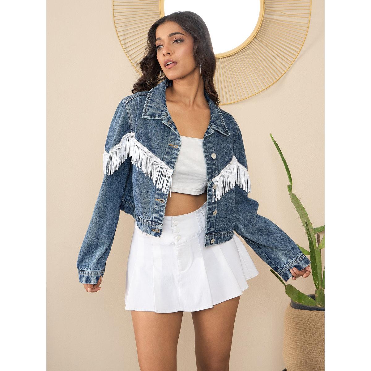 Stylestone X Styli Denim Buttoned Crop Jacket with Front Fringes-women-clothing-coatsandjackets-jackets-image-1