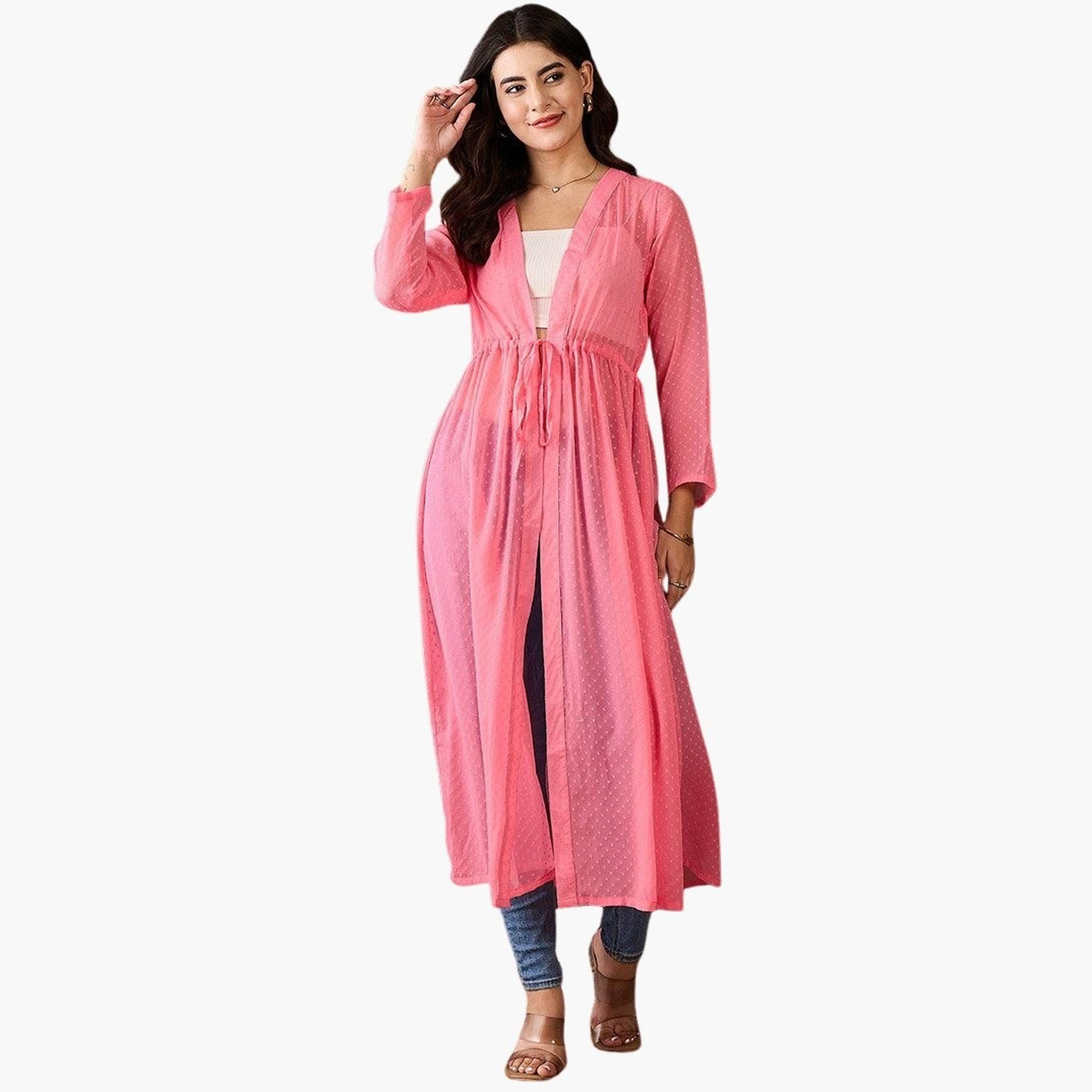 Stylestone X Styli Pink Solid Chiffon Ruched Waist Shrug-women-clothing-cardigansandjumpers-cardigans-image-1