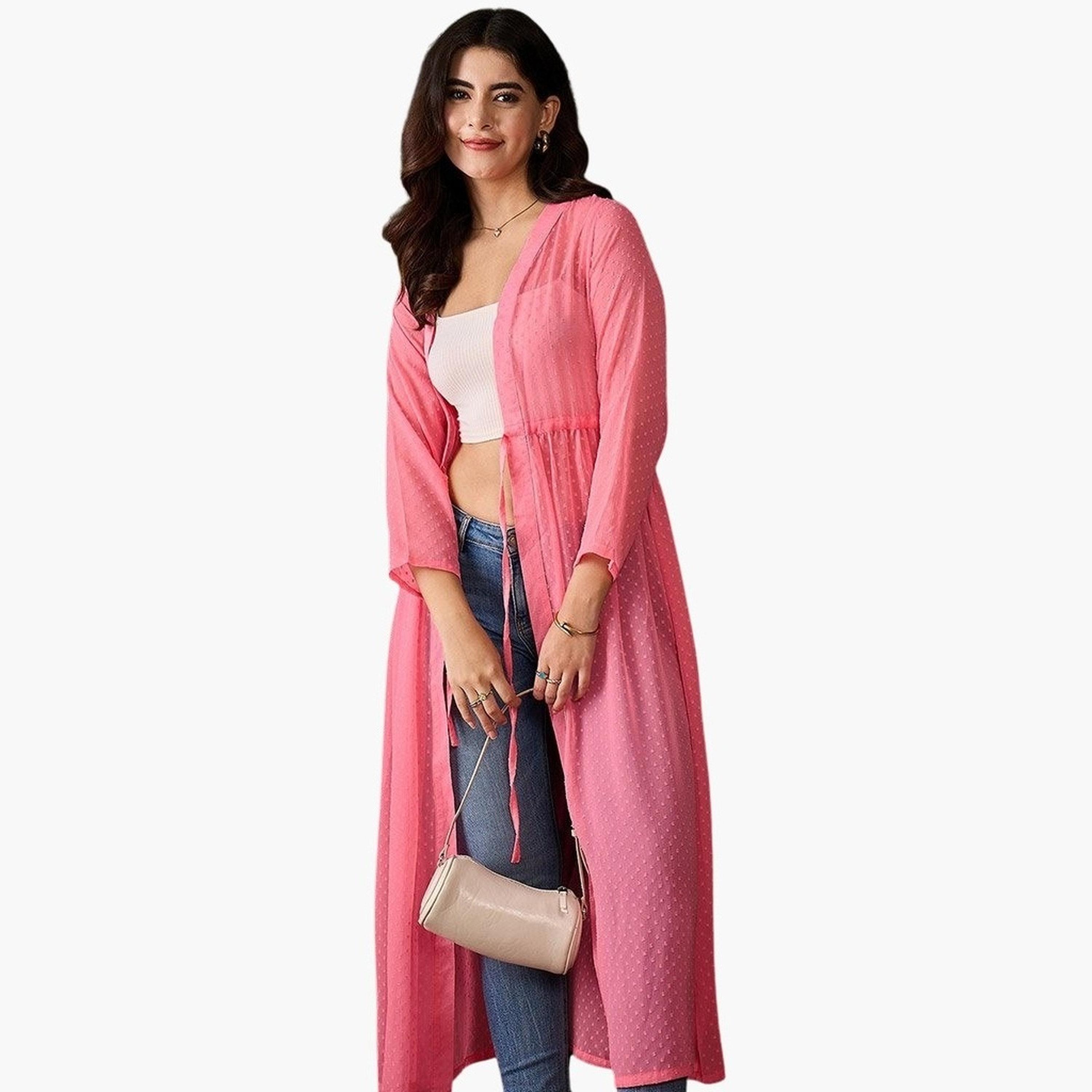 Stylestone X Styli Pink Solid Chiffon Ruched Waist Shrug-women-clothing-cardigansandjumpers-cardigans-image-3