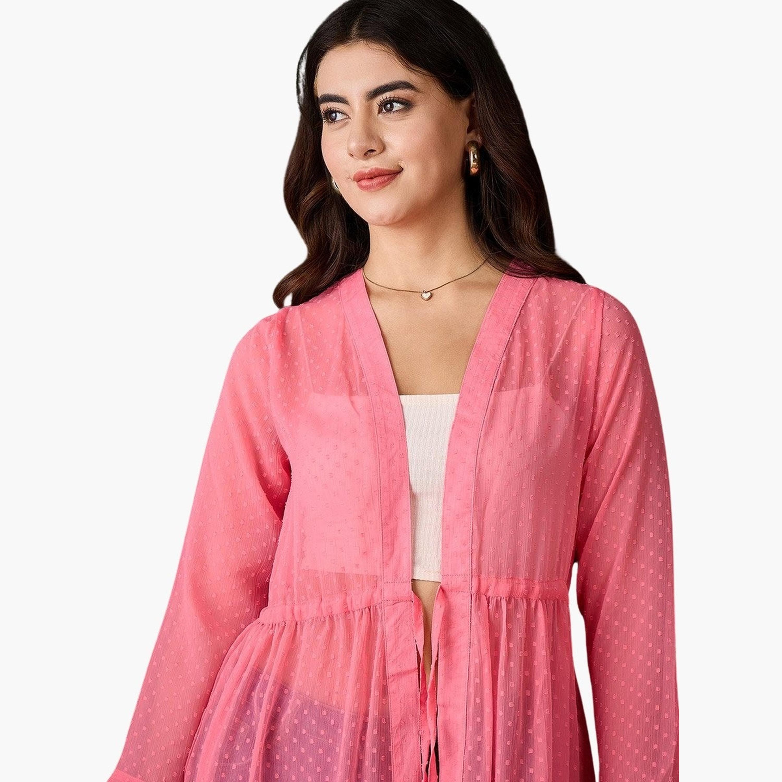 Stylestone X Styli Pink Solid Chiffon Ruched Waist Shrug-women-clothing-cardigansandjumpers-cardigans-image-6