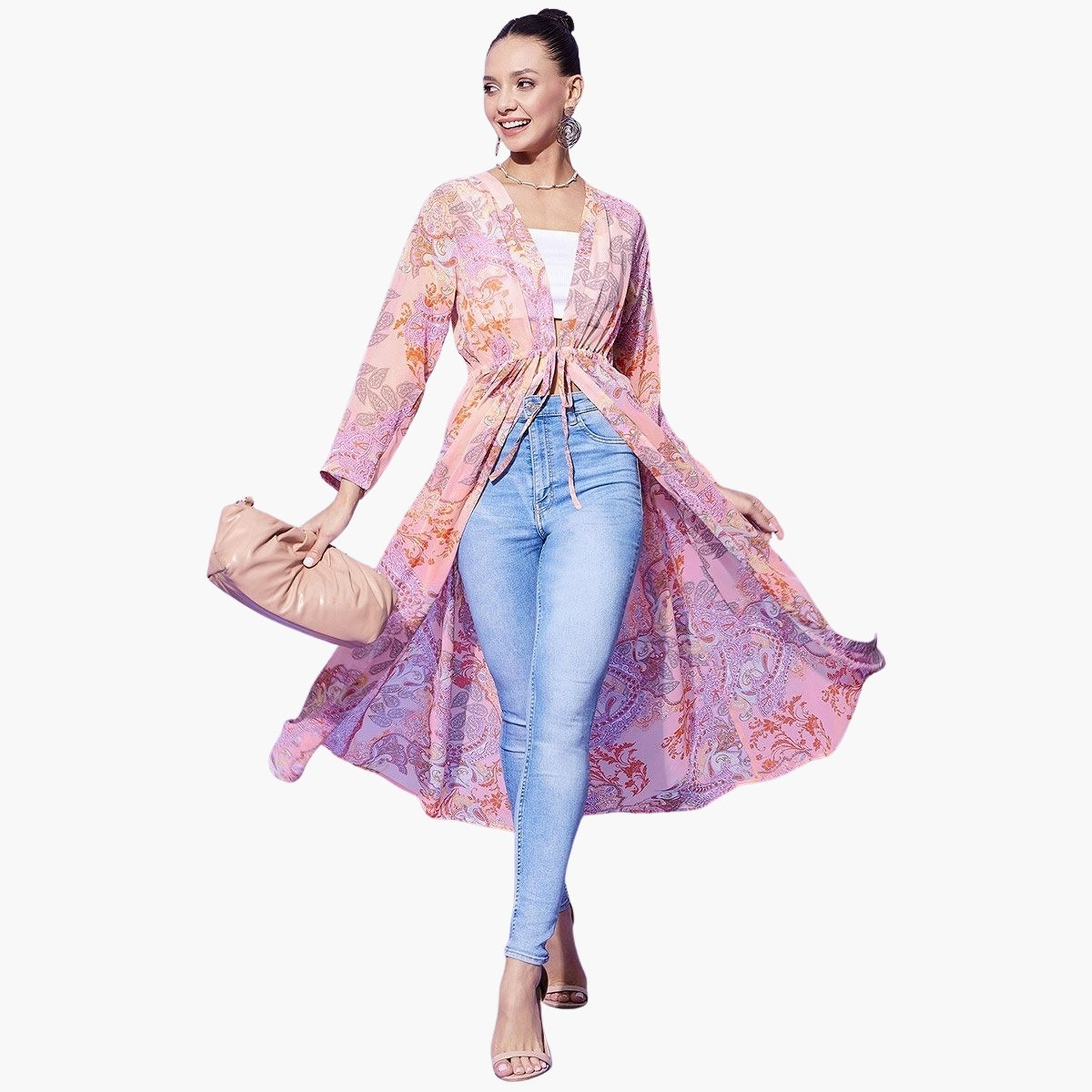 Stylestone X Styli Peach Floral Print Long Sleeve Shrug-women-clothing-cardigansandjumpers-cardigans-image-1