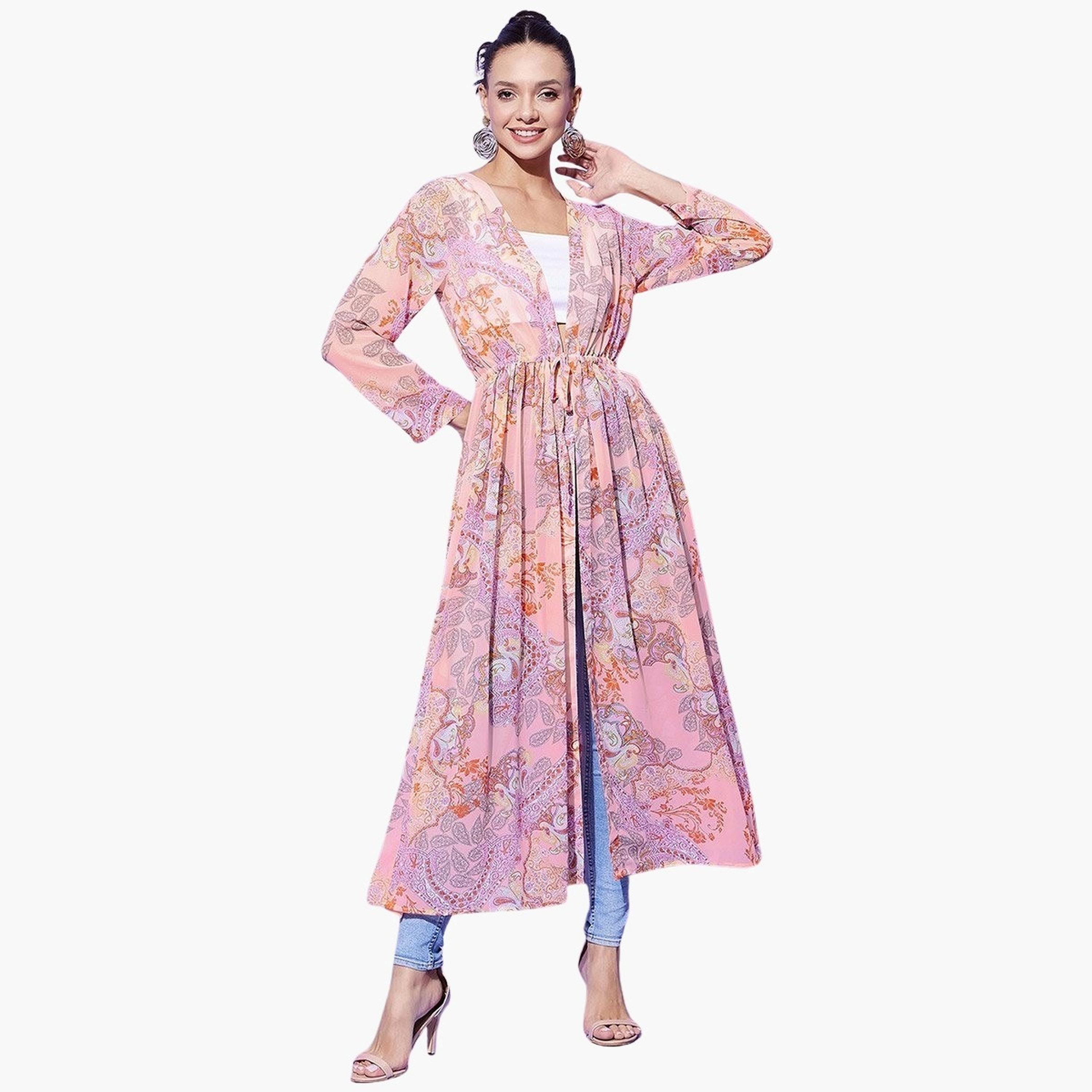Stylestone X Styli Peach Floral Print Long Sleeve Shrug-women-clothing-cardigansandjumpers-cardigans-image-2