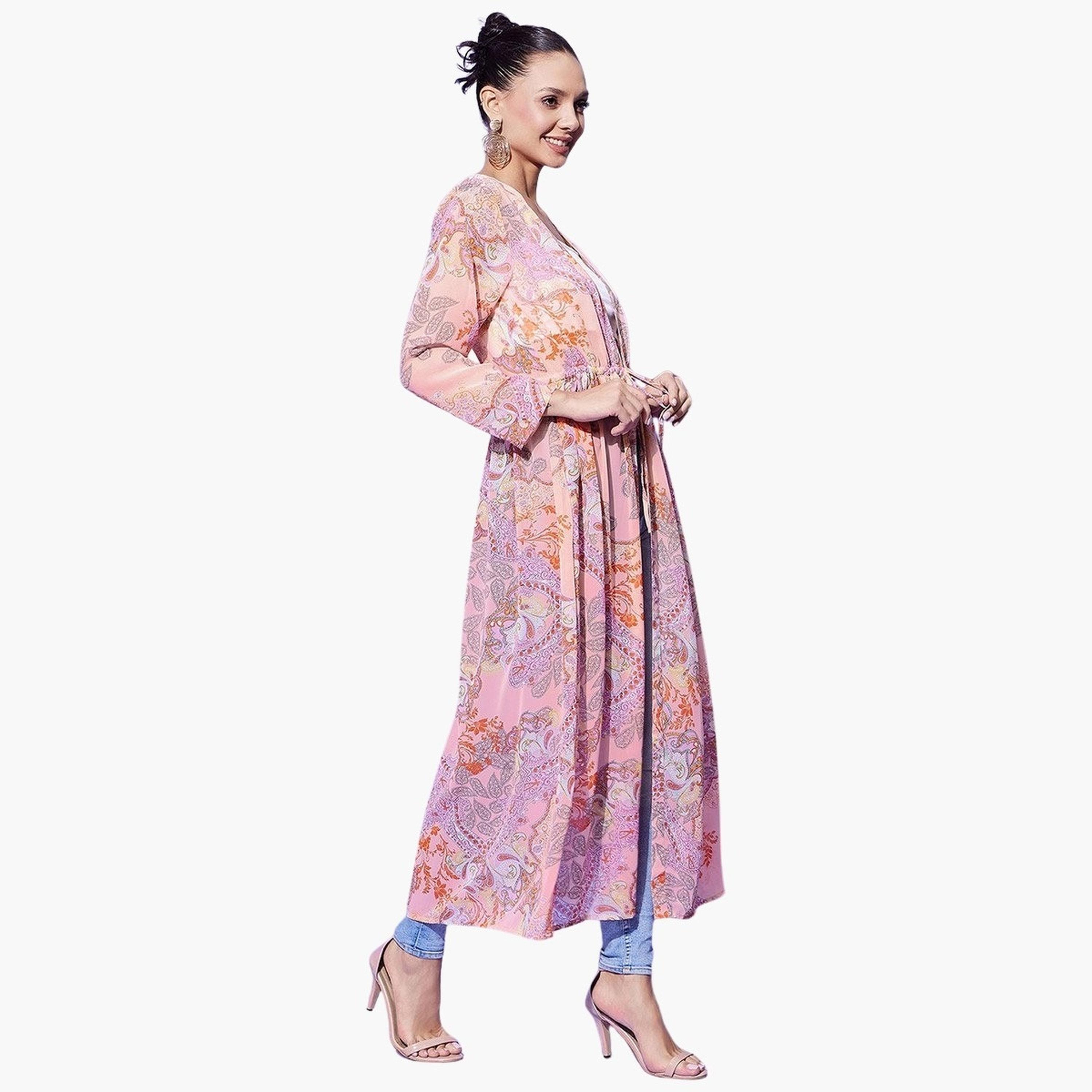Stylestone X Styli Peach Floral Print Long Sleeve Shrug-women-clothing-cardigansandjumpers-cardigans-image-4