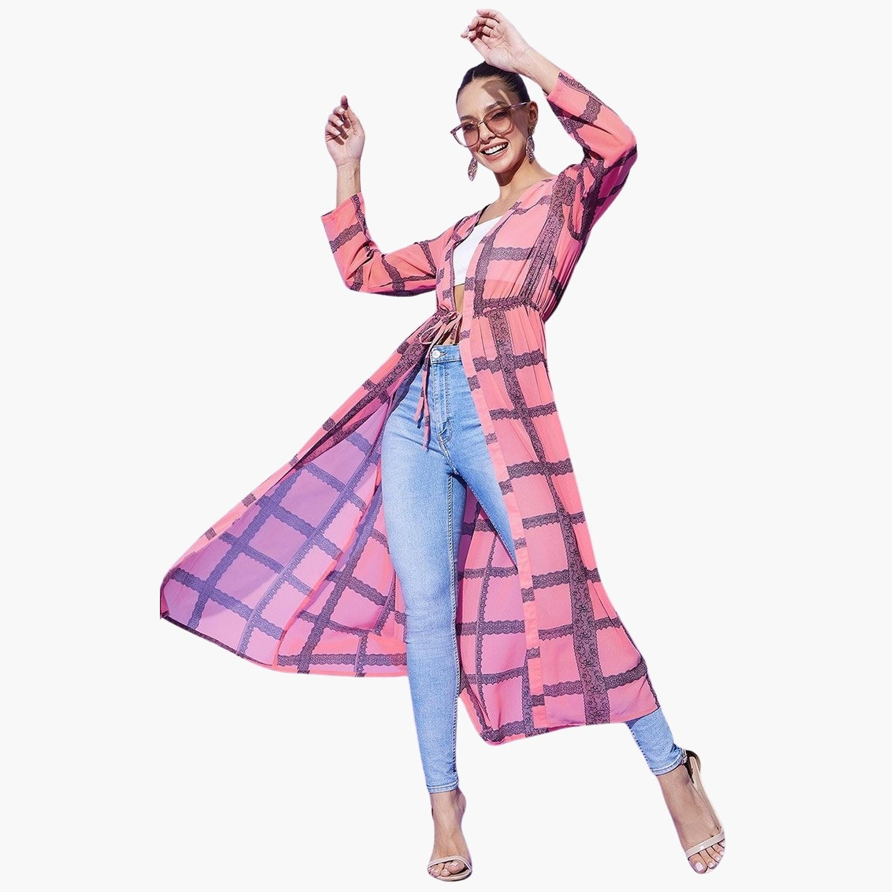 Stylestone X Styli Pink Checked Print Long Sleeve Shrug-women-clothing-cardigansandjumpers-cardigans-image-1