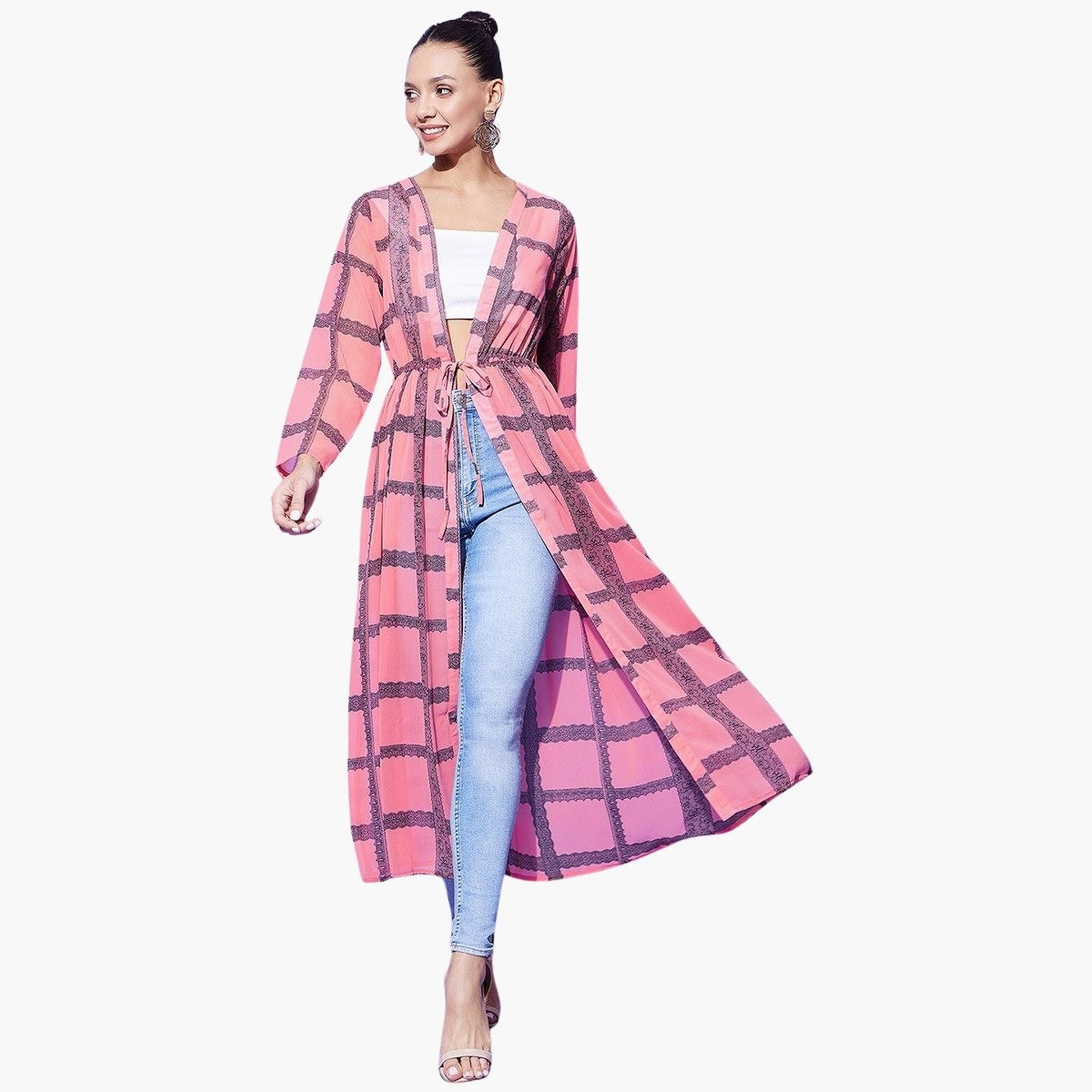 Stylestone X Styli Pink Checked Print Long Sleeve Shrug-women-clothing-cardigansandjumpers-cardigans-image-2