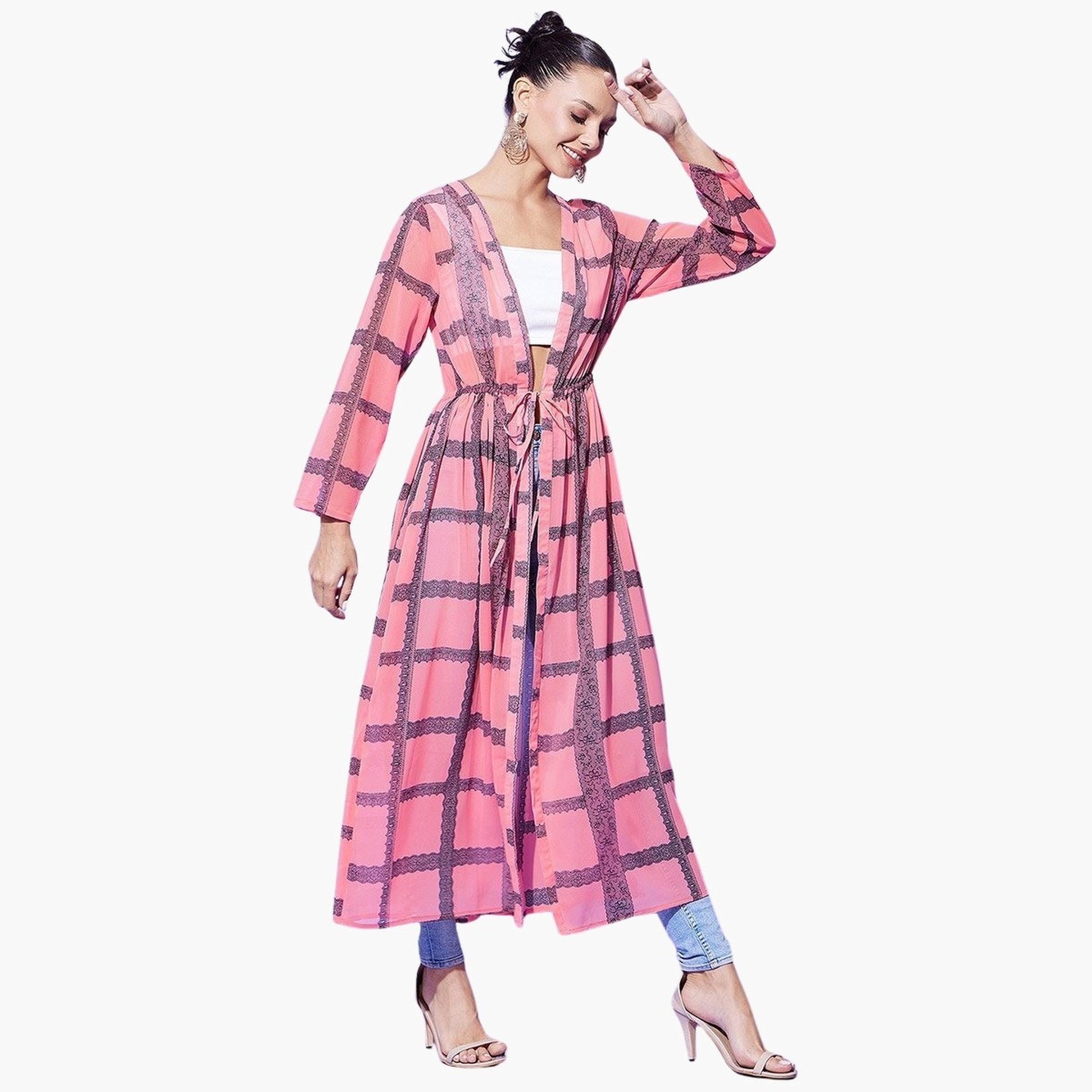 Stylestone X Styli Pink Checked Print Long Sleeve Shrug-women-clothing-cardigansandjumpers-cardigans-image-4