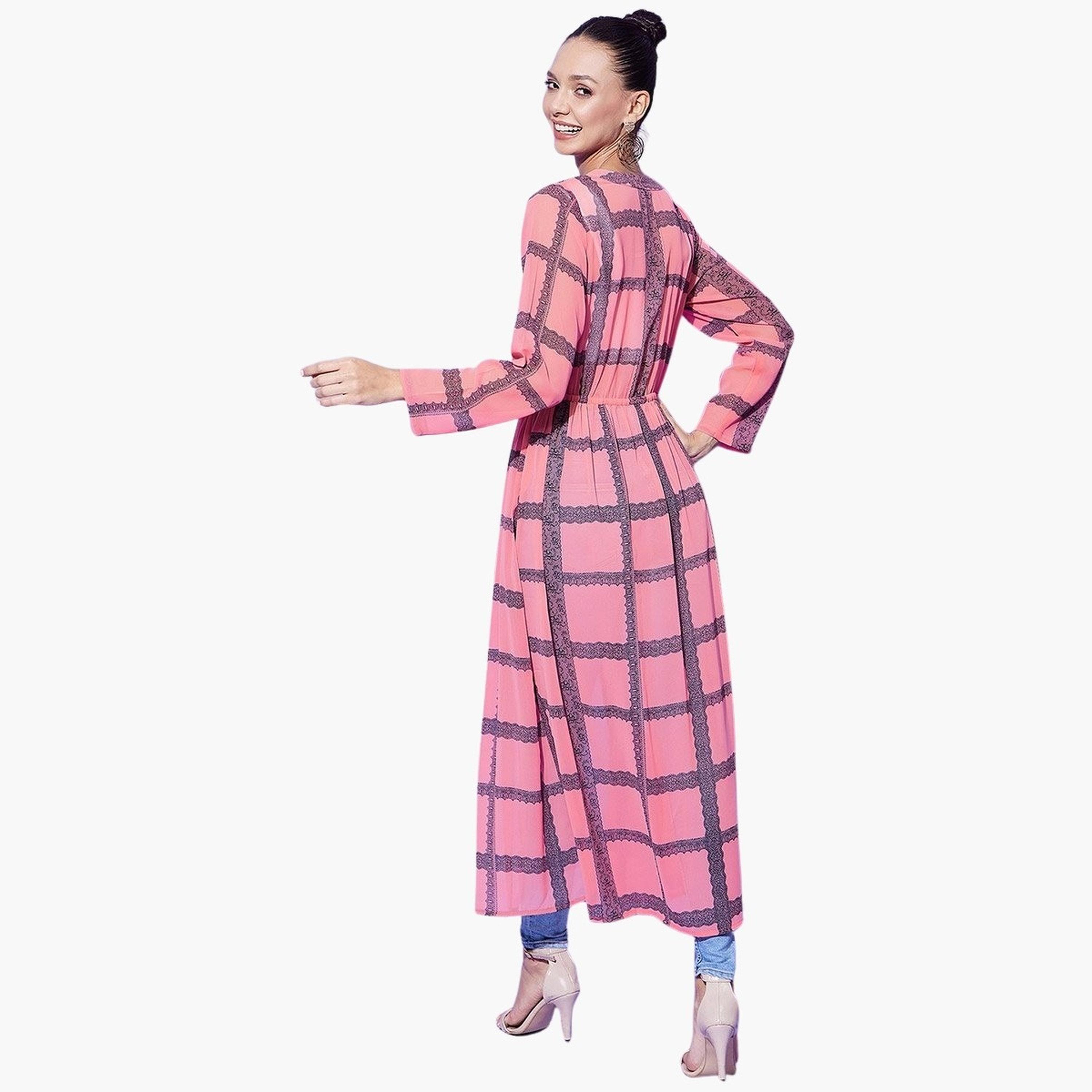 Stylestone X Styli Pink Checked Print Long Sleeve Shrug-women-clothing-cardigansandjumpers-cardigans-image-5