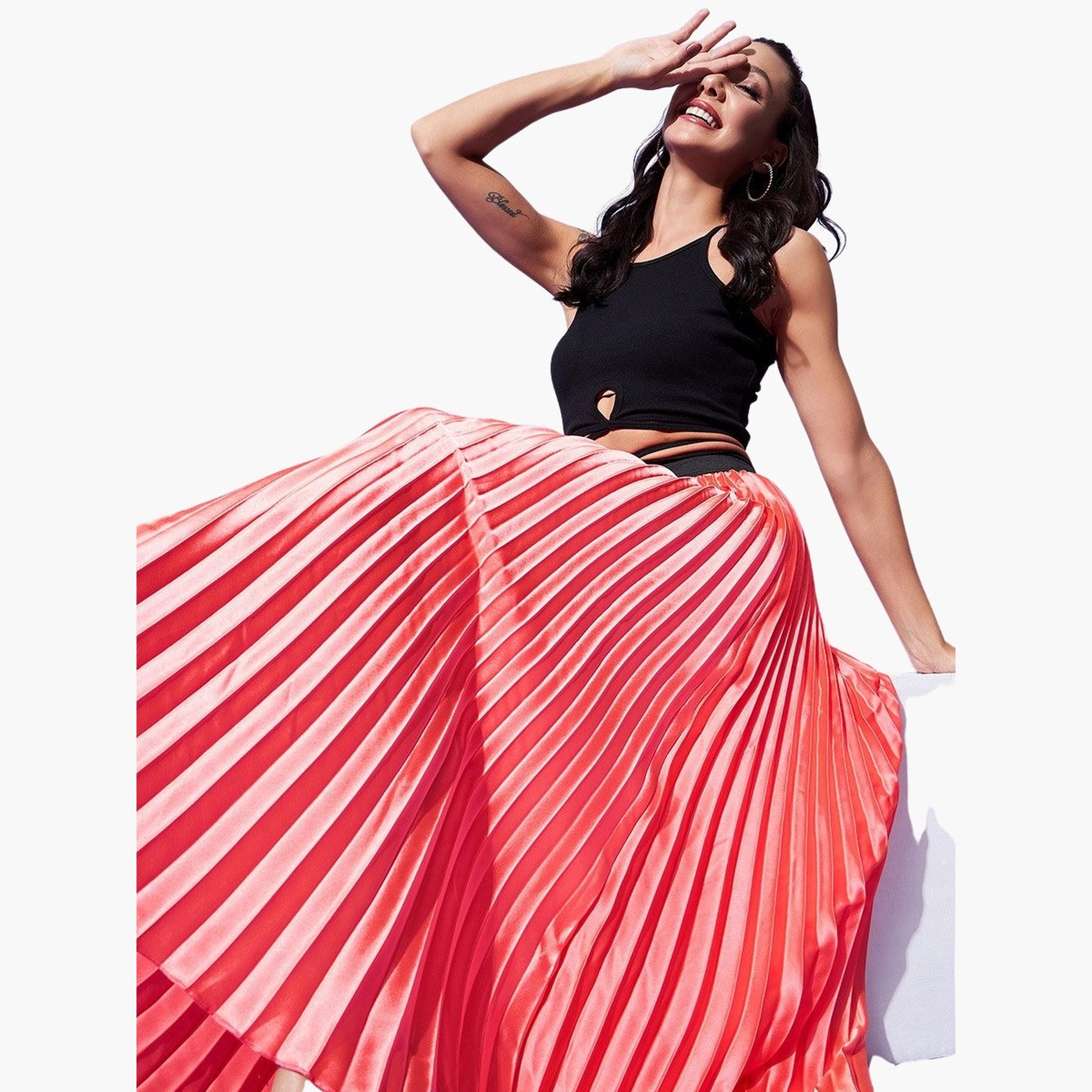 Stylestone X Styli Satin Pink Pleated A-Line Midi Skirt-women-clothing-bottoms-skirts-image-2