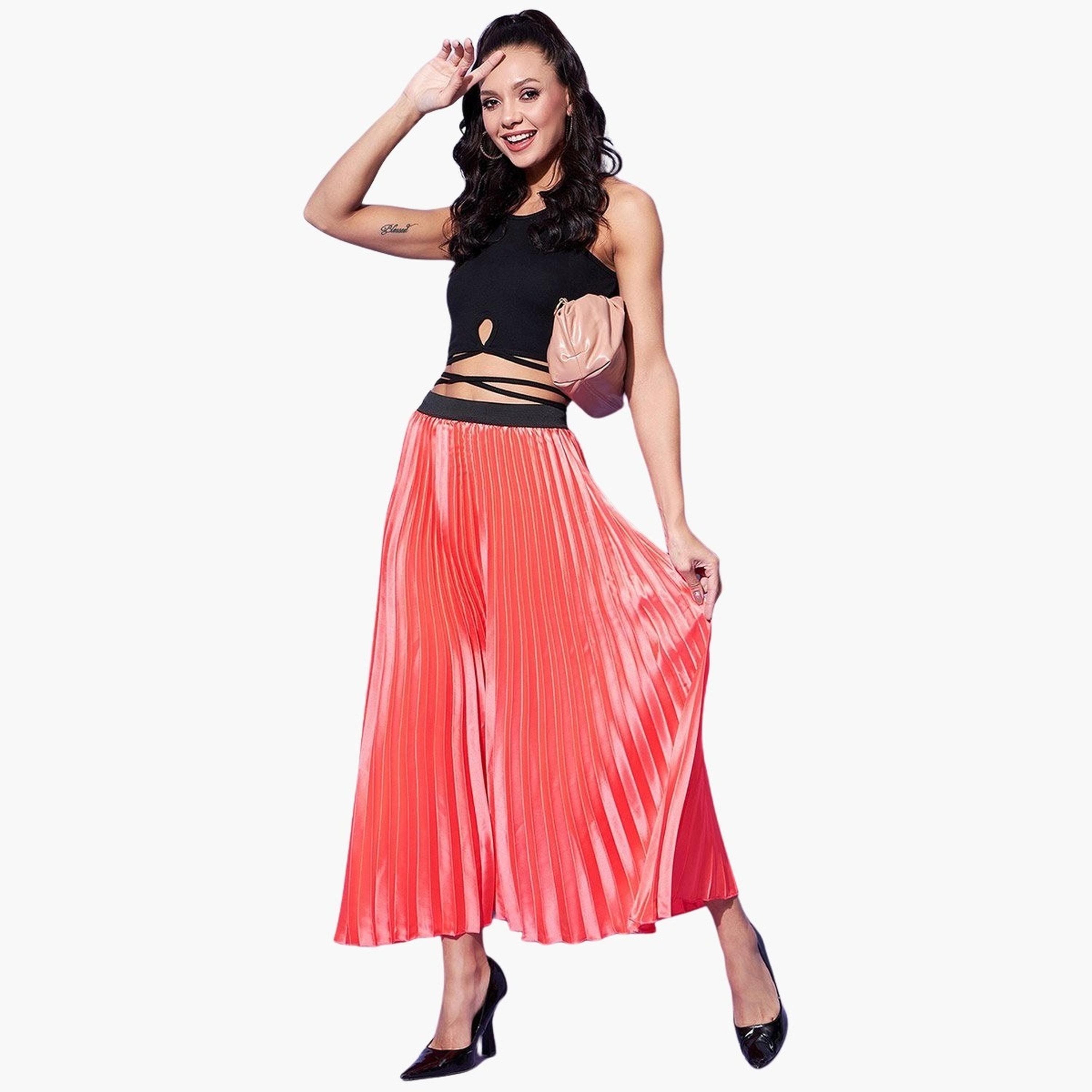 Stylestone X Styli Satin Pink Pleated A-Line Midi Skirt-women-clothing-bottoms-skirts-image-3