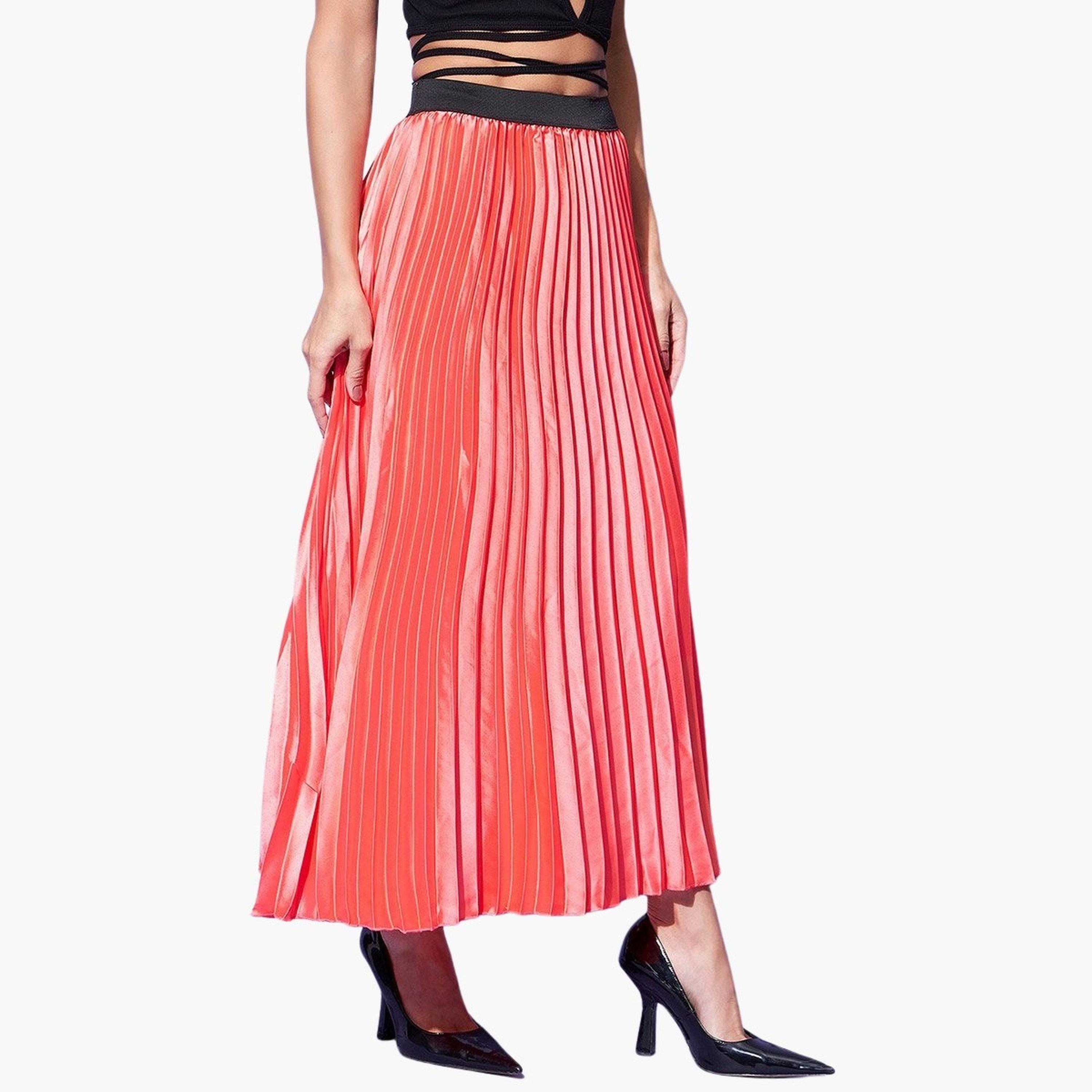 Stylestone X Styli Satin Pink Pleated A-Line Midi Skirt-women-clothing-bottoms-skirts-image-5