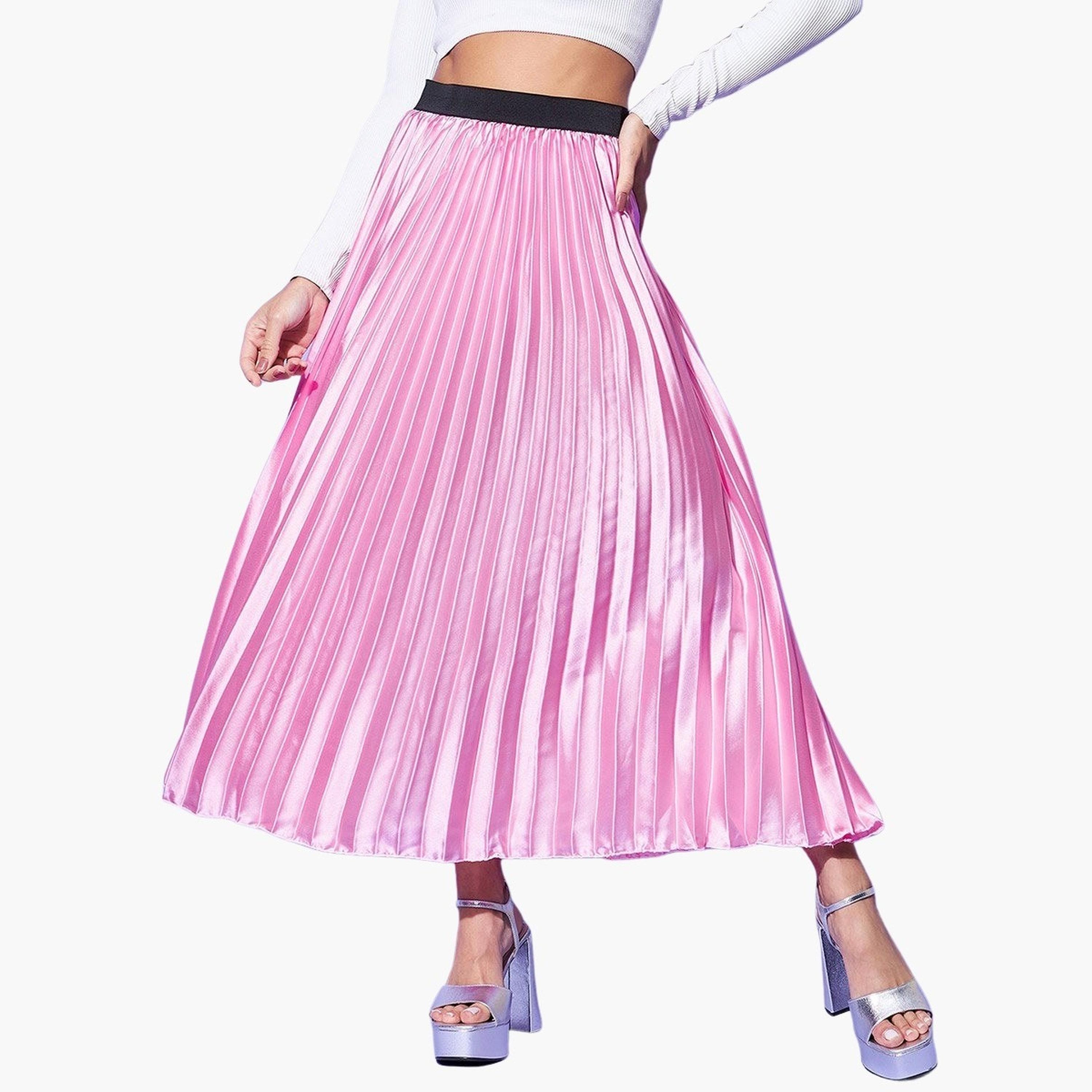 Stylestone X Styli Satin Pink Pleated A-Line Midi Skirt-women-clothing-bottoms-skirts-image-1