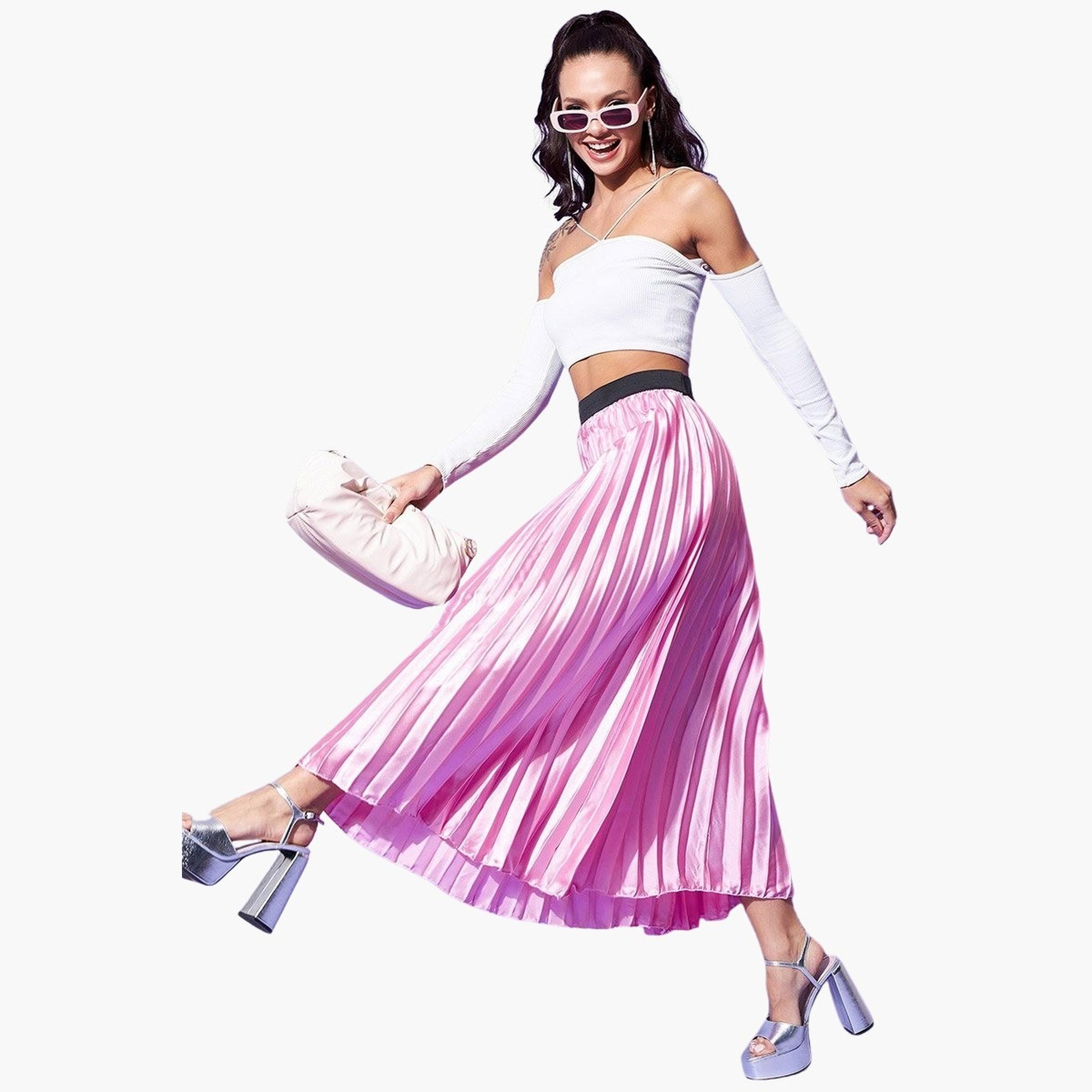 Stylestone X Styli Satin Pink Pleated A-Line Midi Skirt-women-clothing-bottoms-skirts-image-2