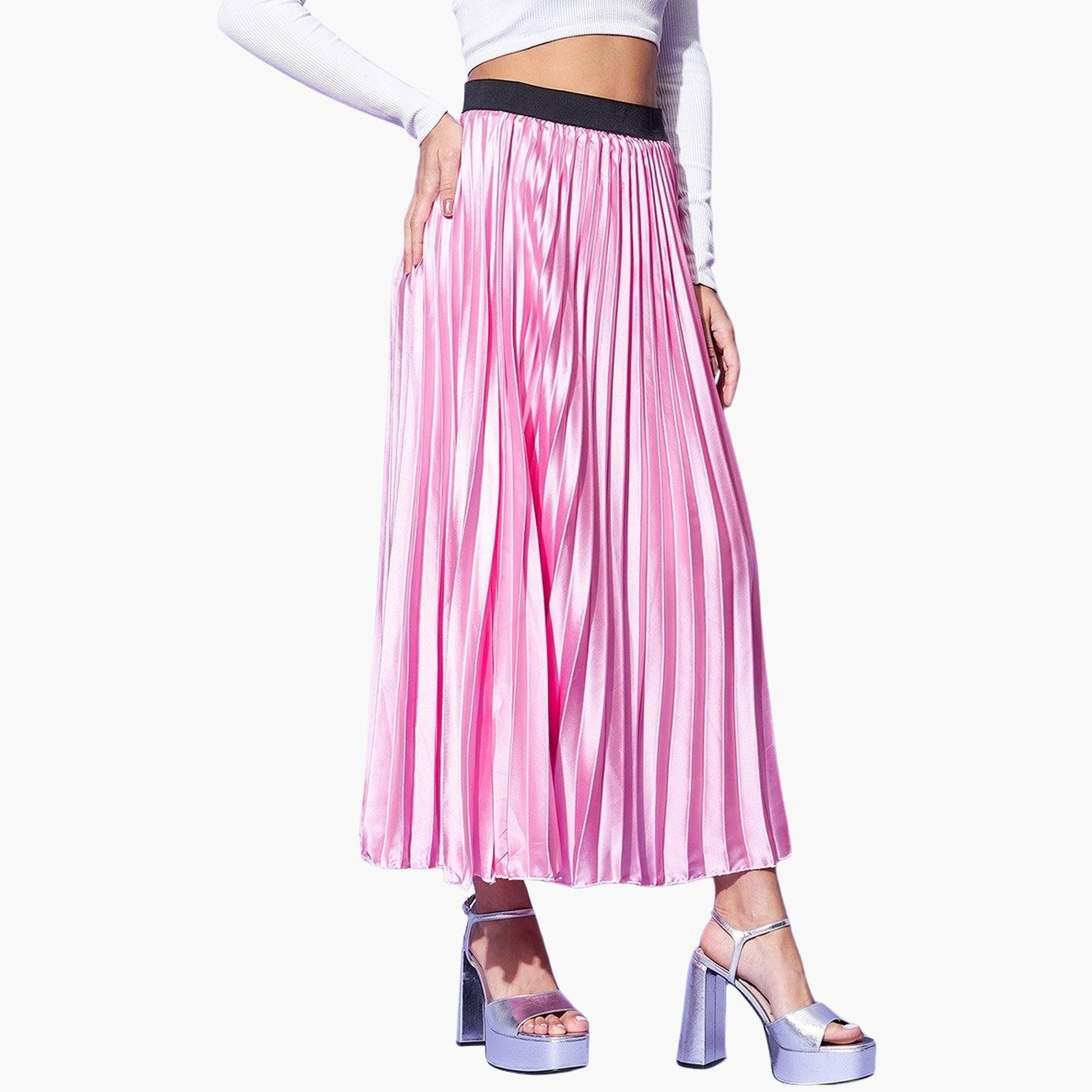 Stylestone X Styli Satin Pink Pleated A-Line Midi Skirt-women-clothing-bottoms-skirts-image-5