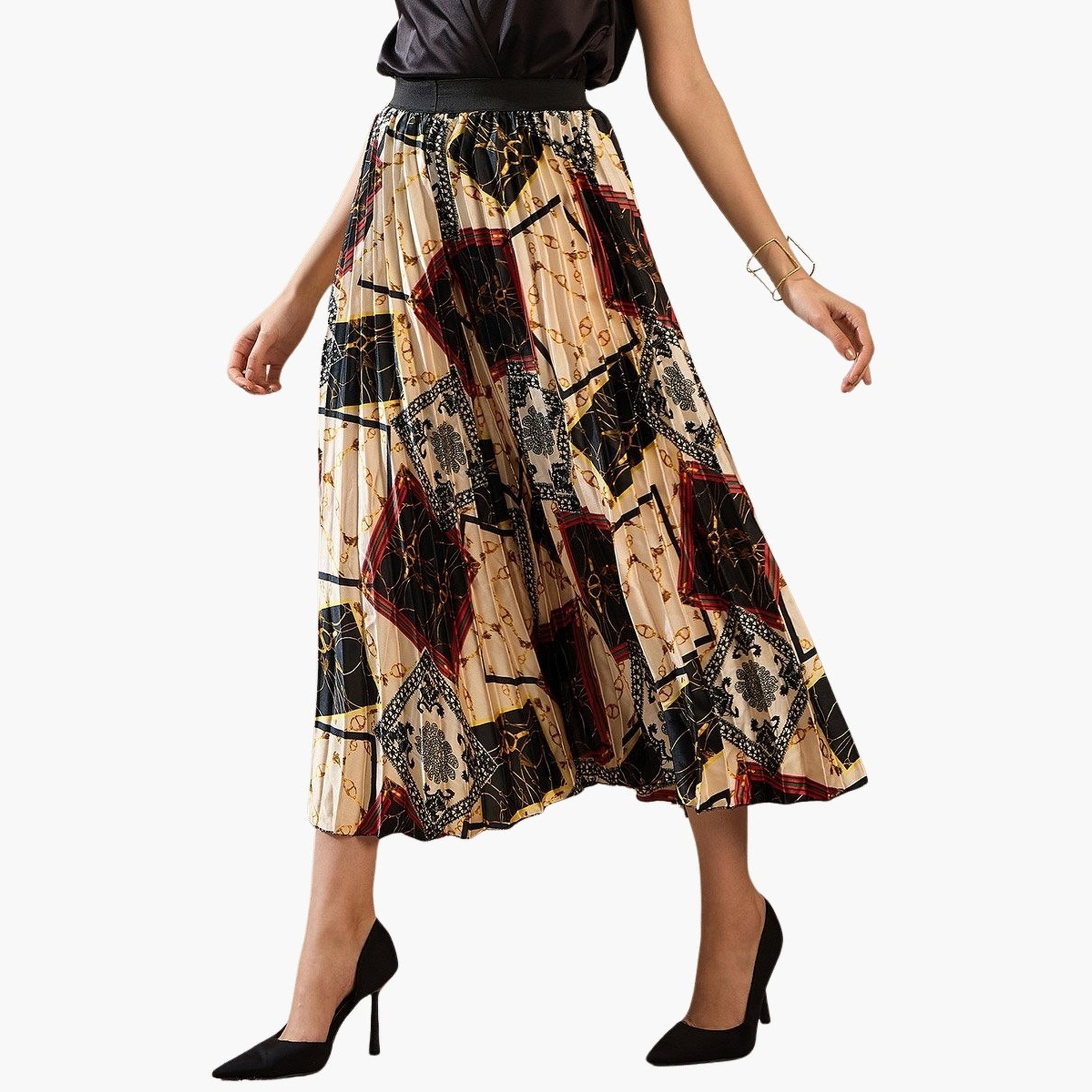 Stylestone X Styli Printed Satin Pleated A-Line Midi Skirt-women-clothing-bottoms-skirts-image-4
