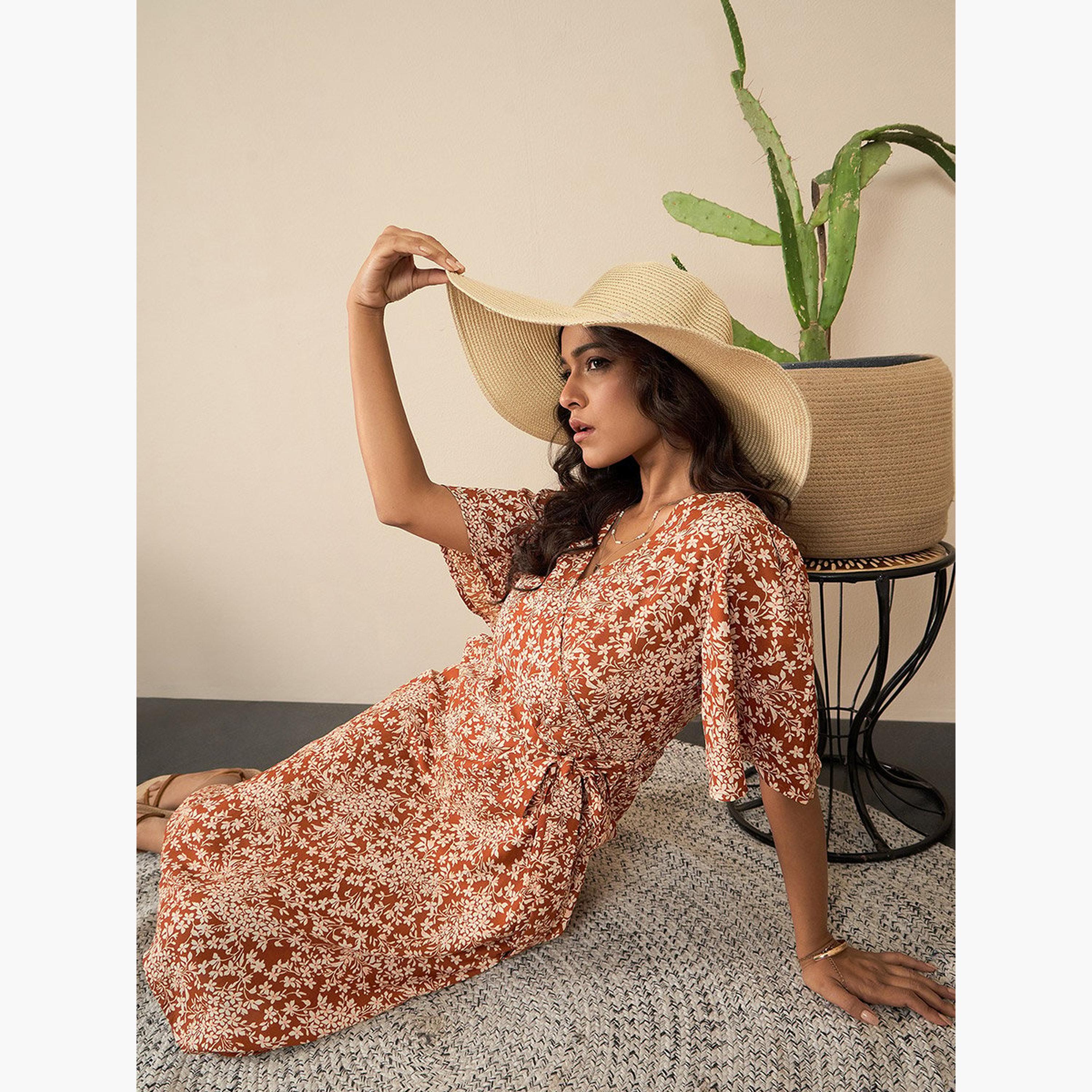 ستايل ستون × ستايلي - فستان بني بنقشة أزهار، ملفوف، طول للركبة-women-clothing-dresses-image-2