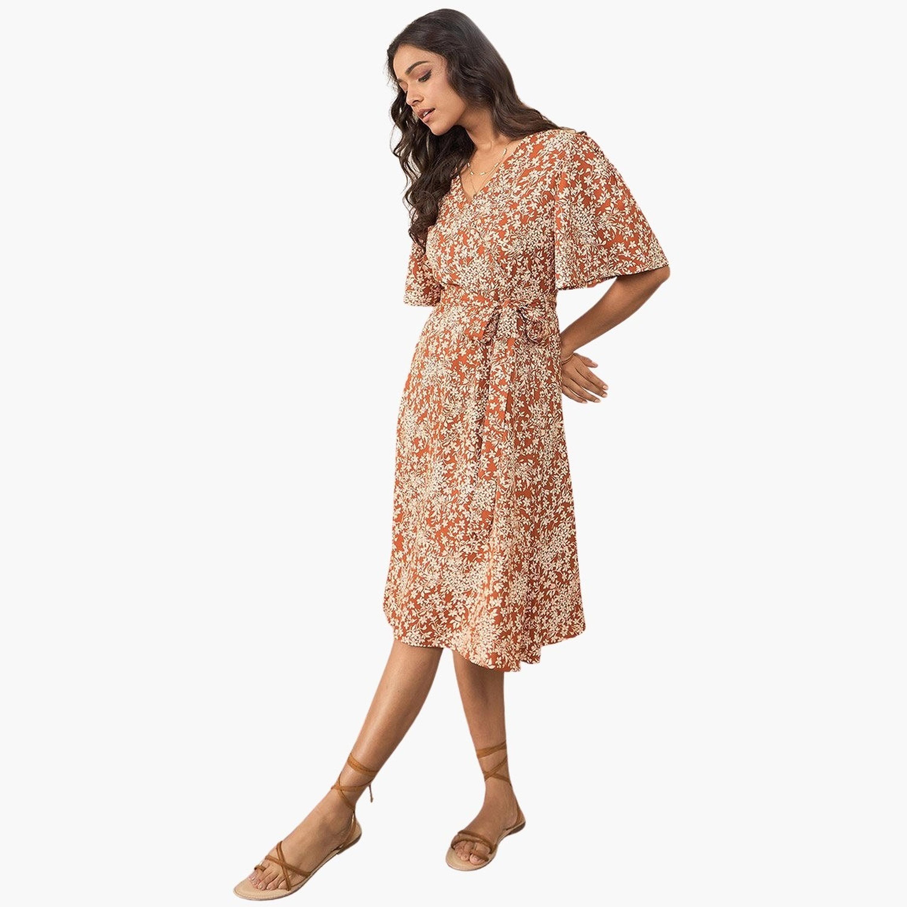 ستايل ستون × ستايلي - فستان بني بنقشة أزهار، ملفوف، طول للركبة-women-clothing-dresses-image-4