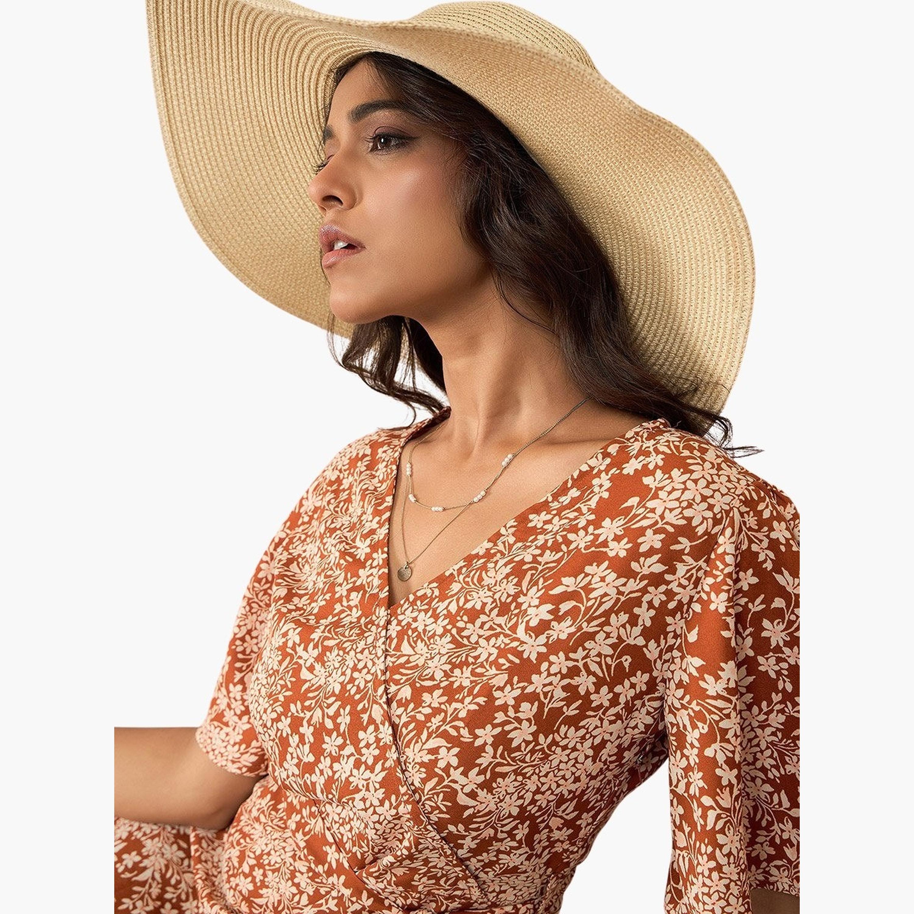 ستايل ستون × ستايلي - فستان بني بنقشة أزهار، ملفوف، طول للركبة-women-clothing-dresses-image-6