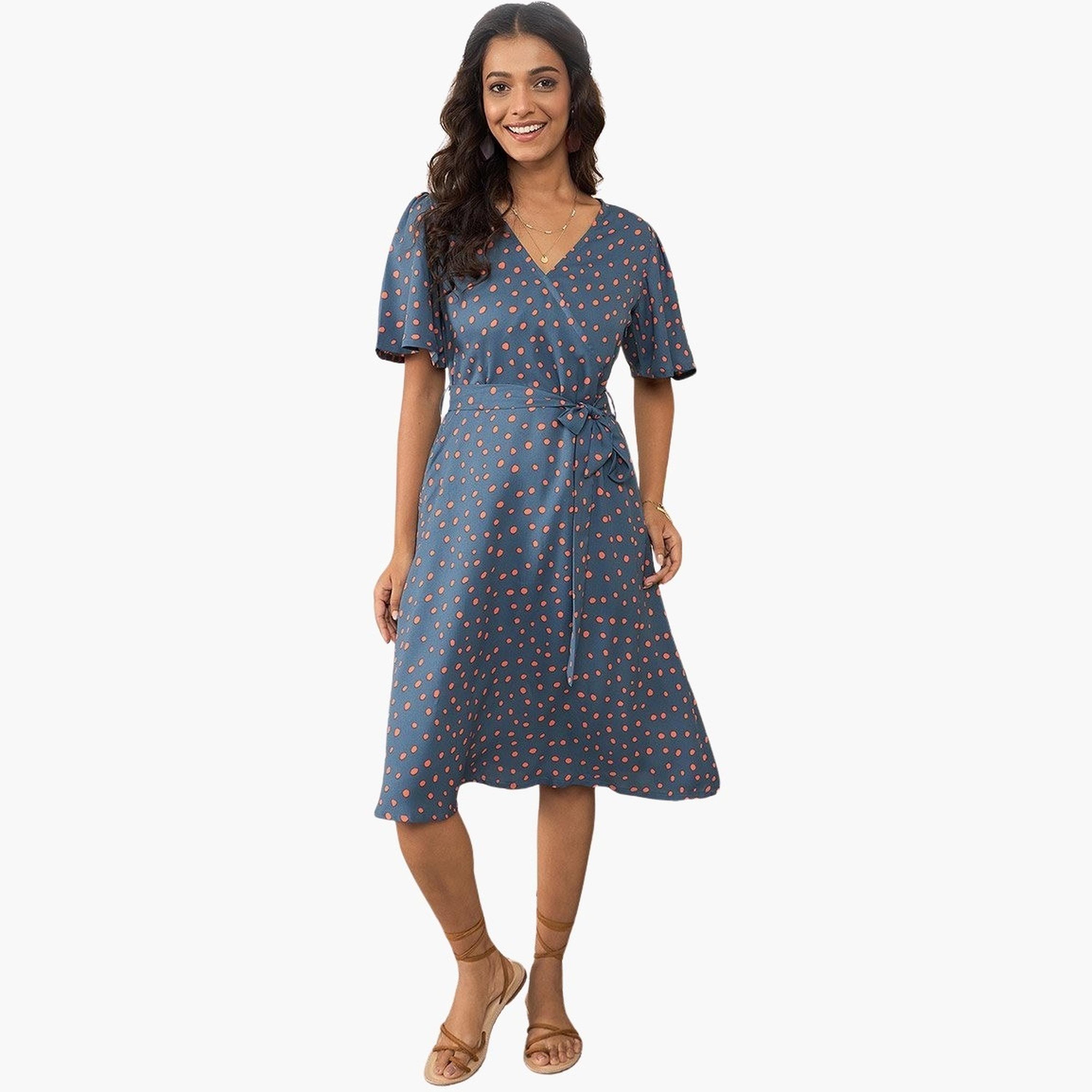 Stylestone X Styli Blue Polka Dot Print Wrap Knee Length Dress-women-clothing-dresses-image-1