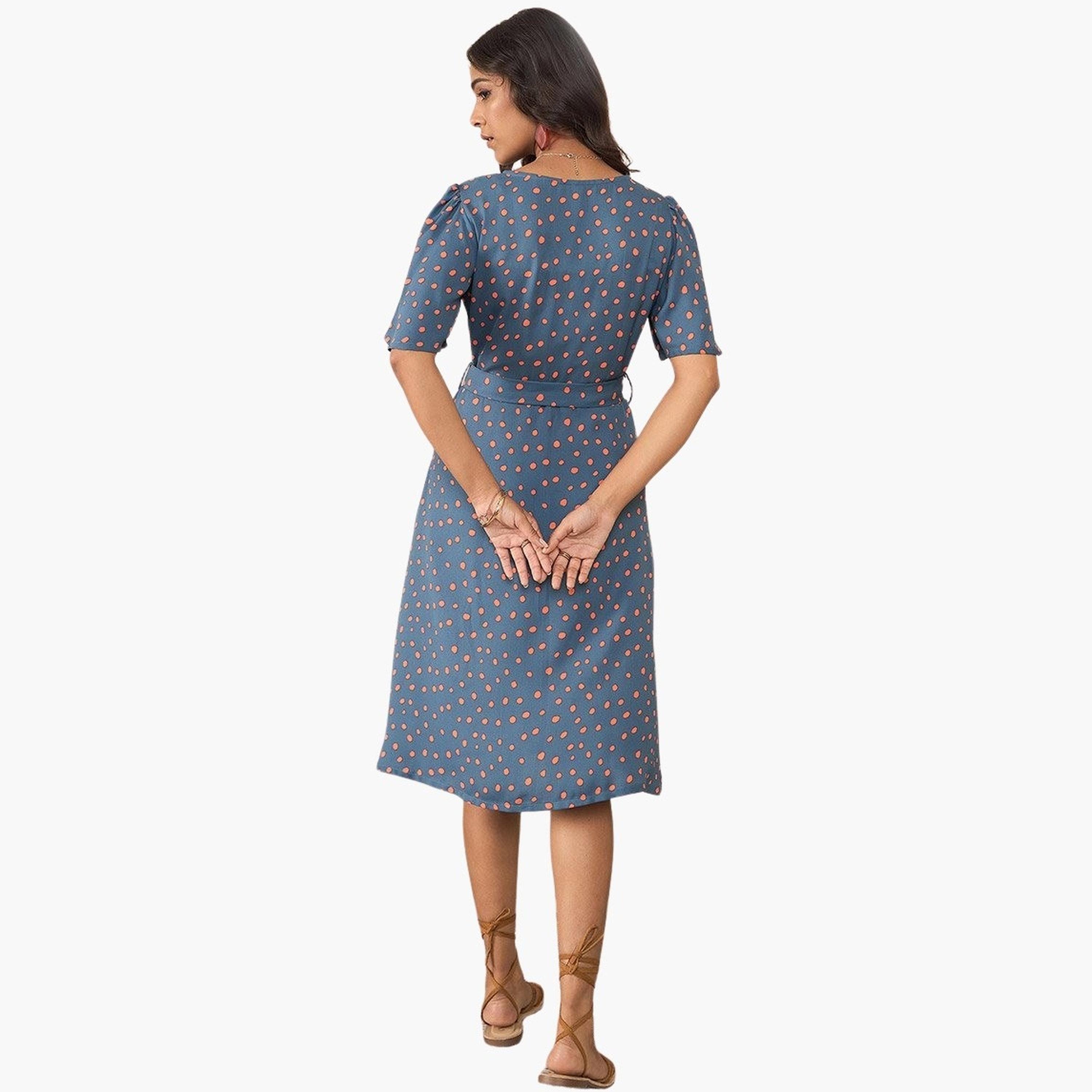 Stylestone X Styli Blue Polka Dot Print Wrap Knee Length Dress-women-clothing-dresses-image-5