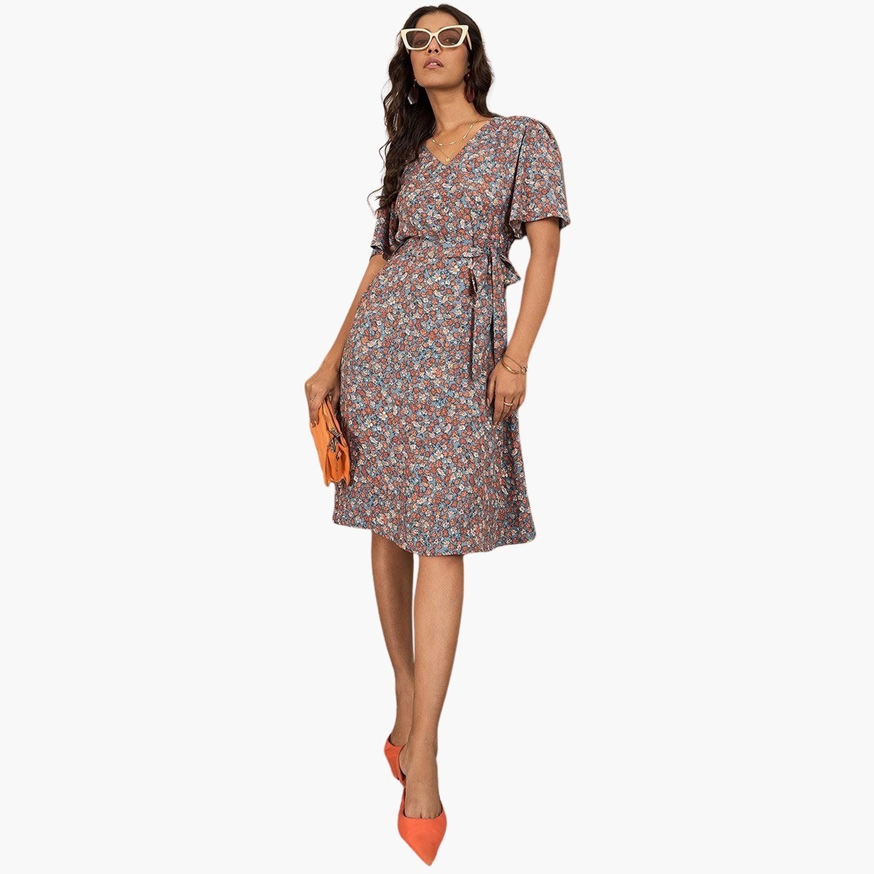 ستايل ستون × ستايلي - فستان مورّد طول للركبة، ملفوف ياقة على شكل حرف V-women-clothing-dresses-image-2