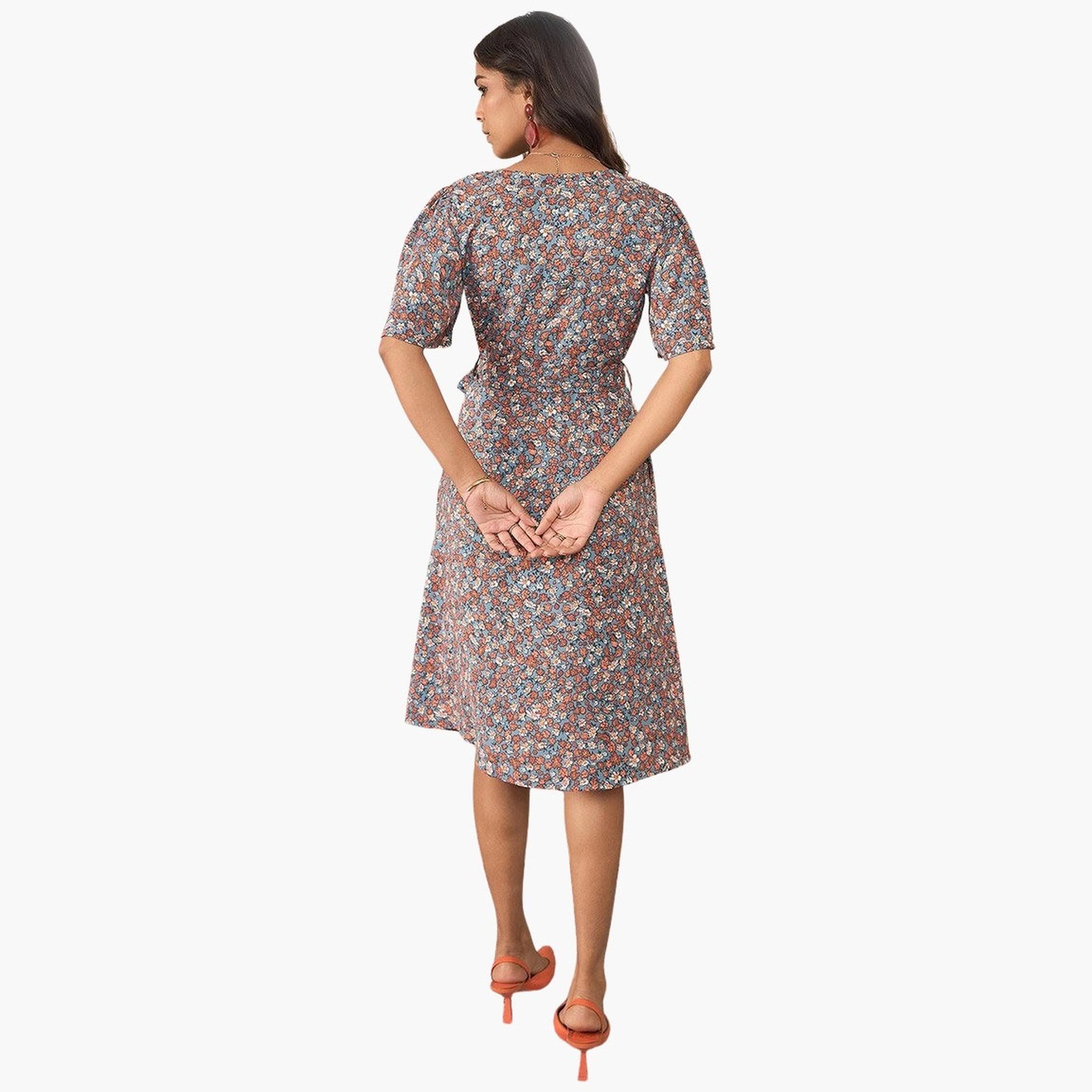 Stylestone X Styli Floral Print V-Neck Wrap Knee Length Dress-women-clothing-dresses-image-3